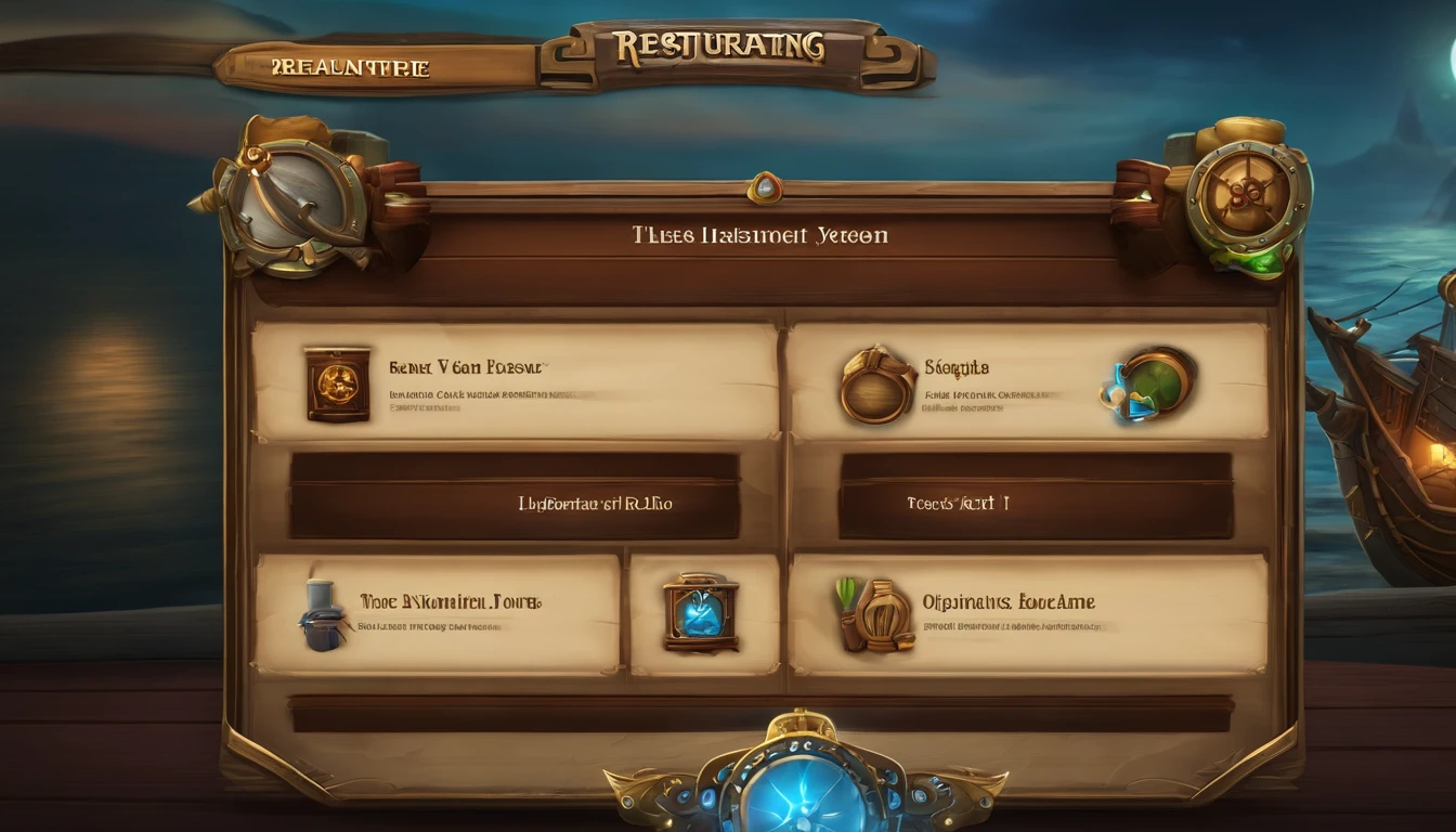 A close-up of a menu with a ship wheel and various icons, Interface do jogo, Interface do jogo, pirate setting, Jogo HUD, game ui asset design, Placa UI, arte do item, game icon asset, game icon stylized, Estilo de cor de Hearthstone, health bar hud, foto menu do restaurante, Captura de tela do PC, tela do jogo, captura de tela detalhada, no oceano, game overlay, ...png, sem antecedentes