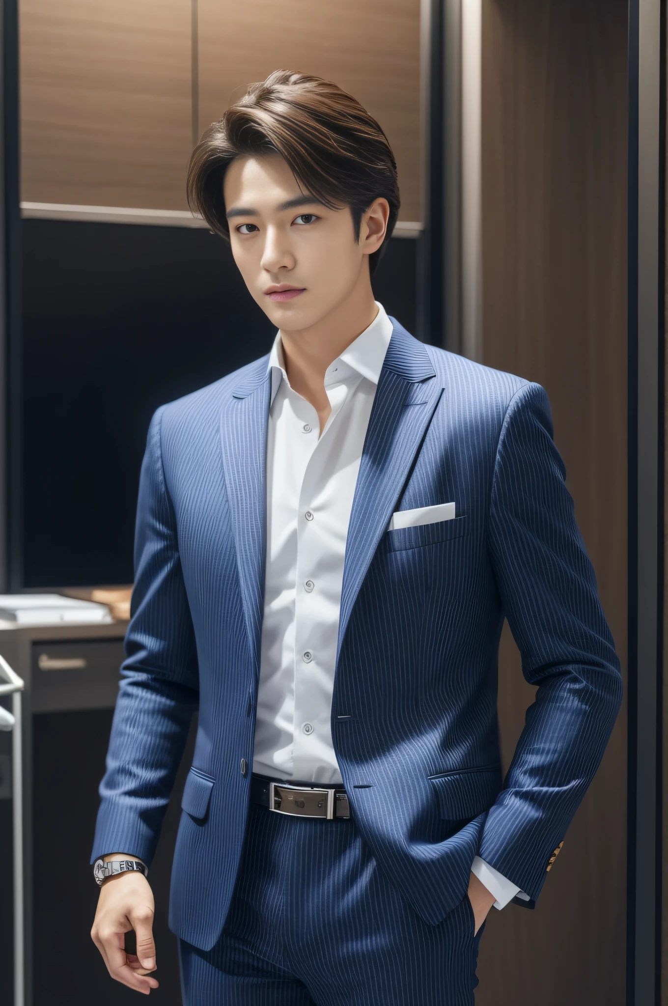 20-year-old refreshingly handsome new employee、 (Super cool S-class guy in a suit)、 Japan boys at 20 years old、 businessman、 Ultra-luxury suits、 Striped suit、 s Office、 Stand in a suitSYoung handsome man、 Full body photo、 (Highly detailed photos of CG Unity 8K)、 (A highly detailedSHandsome man in class)、 (Photo Real)、 ((top-quality))、 ultra-detailliert、 (masterpiece)、 An ultra-high picture quality、 tall、 viewer、 Gentle man、 Very beautiful hair、 Bright photo、 Handsome like a model、 Handsome like an idol、 Luxury Watches、 Cool belt