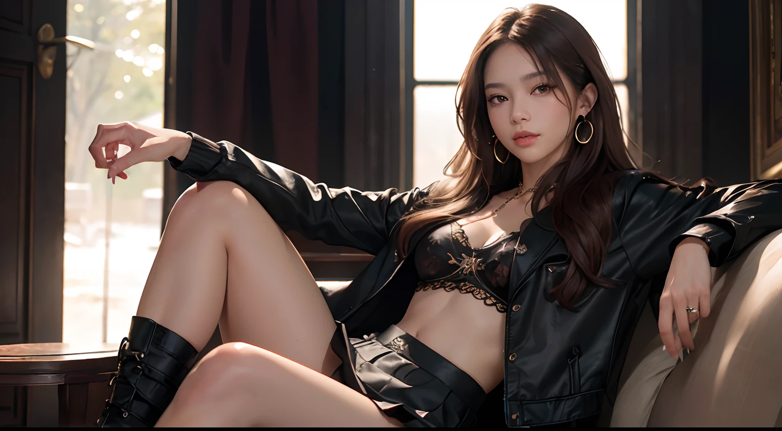 (masterpiece), a stunning photograph of blackpink lisa, full body, 8k, raw photo, looking at viewer, (highly detailed skin:1.2), small breasts, slim body, brown hair, (photorealistic:1.4), black jacket, skirt , solo, jewelry, earrings, (looking at viewer), long hair, brown eyes, portrait, realistic, smile, makeup, sitting on couch