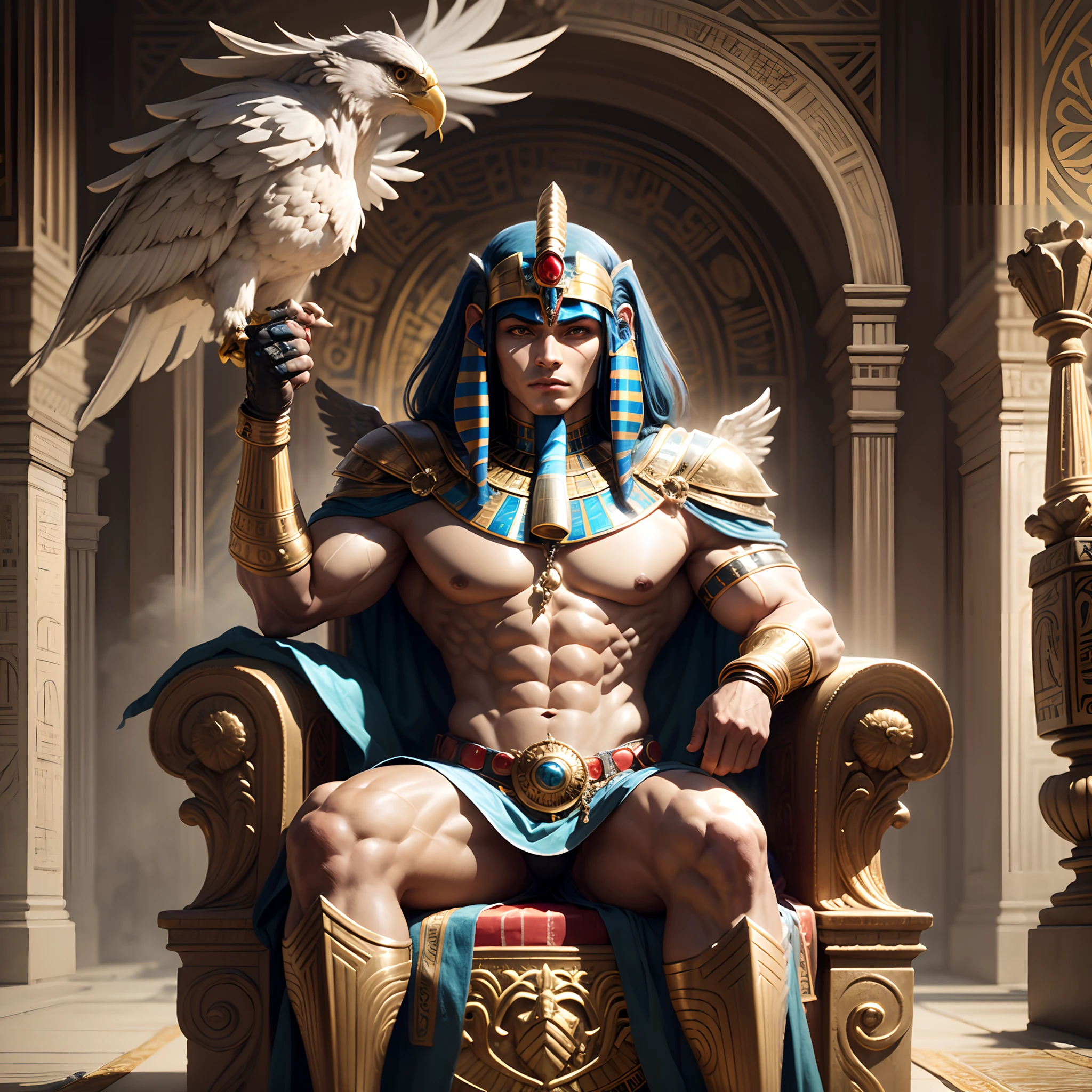 god Horus sitting on a throne in Egypt inside a palace, with muscular physique, Egyptian armor,imponente,with eagle mask, estilo anime, olhando para a frente --auto --s2