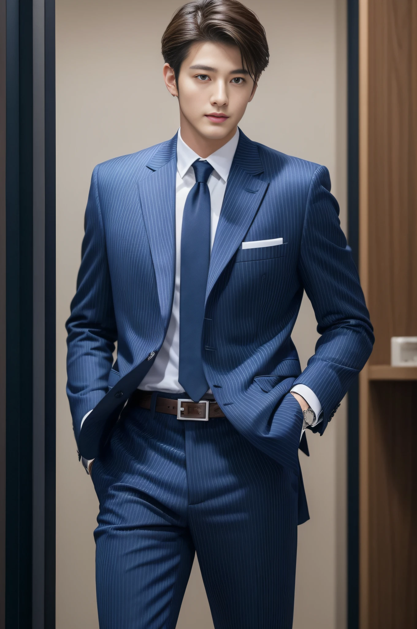 20-year-old refreshingly handsome new employee、　（Super cool S-class guy in a suit）、　Japan boys at 20 years old、　businessman、　Ultra-luxury suits、　Striped suit、　s Office、　Stand in a suitＳYoung handsome man、　Full body photo、　（Highly detailed photos of CG Unity 8K）、　（A highly detailedＳHandsome man in class）、　（Photo Real）、　　（（top-quality））、　ultra-detailliert、　（​masterpiece）、　An ultra-high picture quality、　tall、　viewer、　Gentle man、　Very beautiful hair、　short-haired、　Bright photo、　Handsome like a model、　Handsome like an idol、　Luxury Watches、　Cool belt