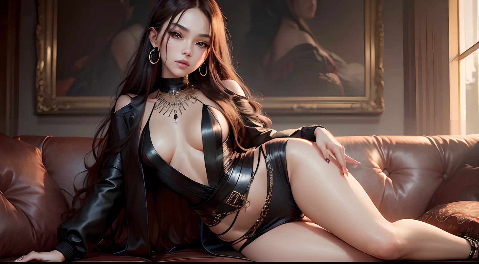 (masterpiece), a stunning photograph of blackpink lisa, full body, 8k, raw photo, looking at viewer, (highly detailed skin:1.2), small breasts, slim body, brown hair, (photorealistic:1.4), black jacket, skirt , solo, jewelry, earrings, (looking at viewer), long hair, brown eyes, portrait, realistic, smile, makeup, sitting on couch