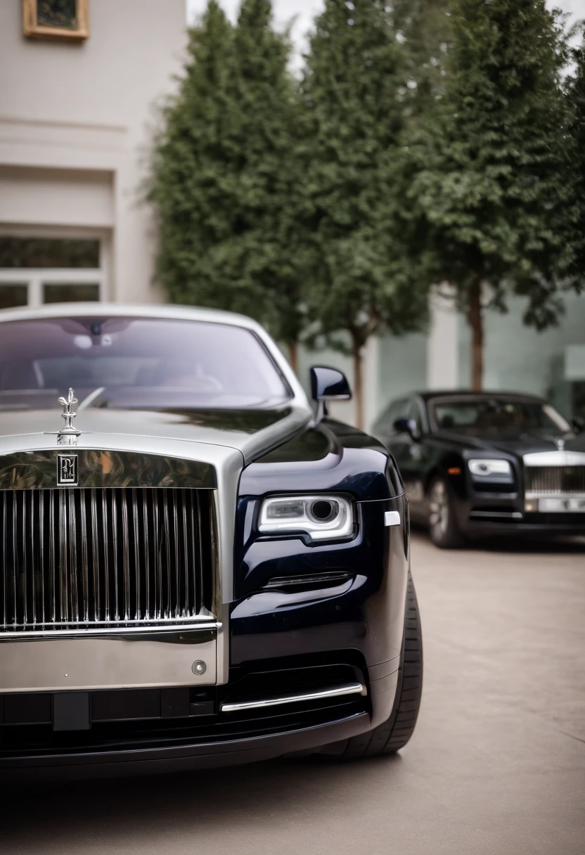 A Rolls-Royce, in showroom, Whole car, front view.