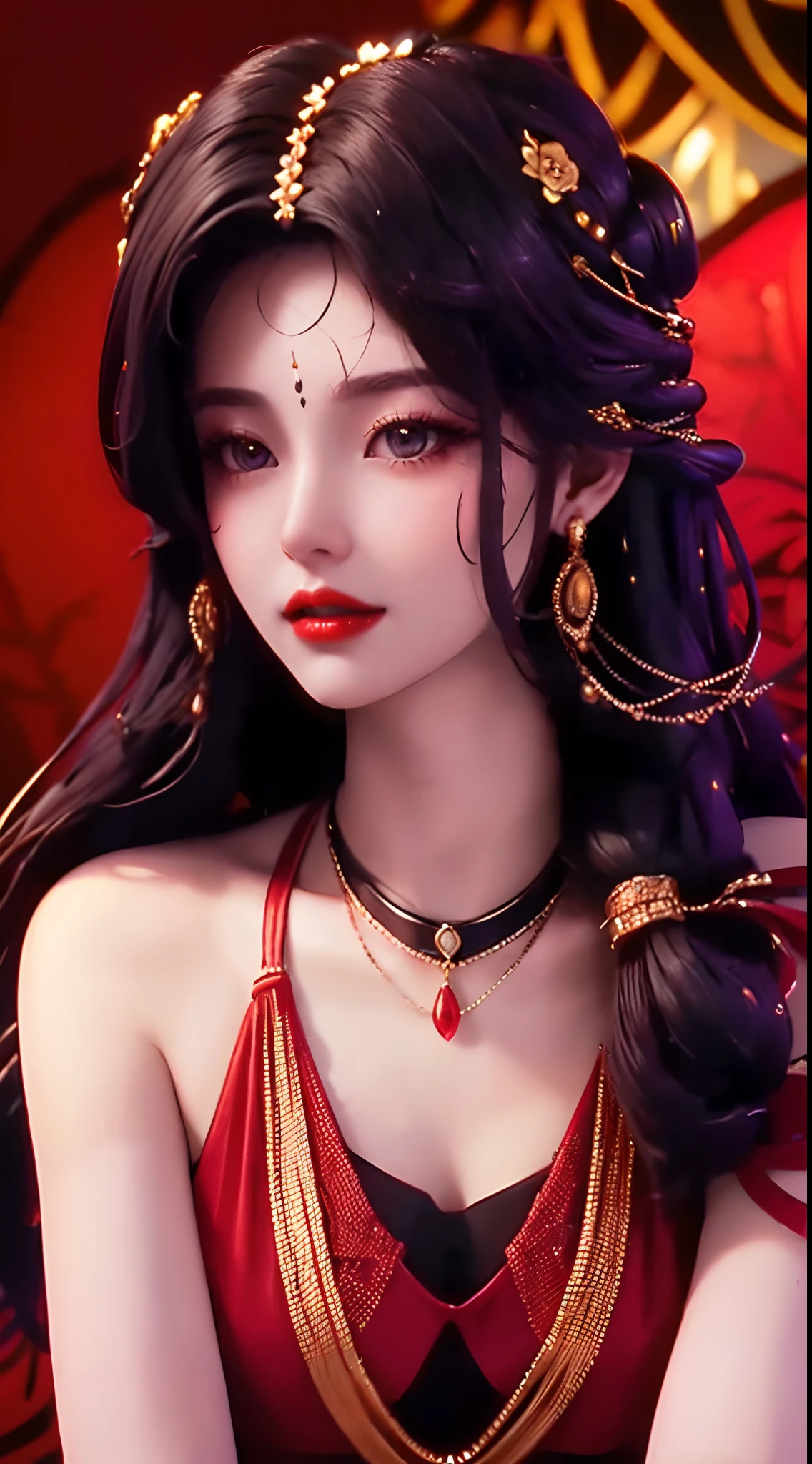 1 beautiful and sexy 20 year old girl, adult, ((wearing super thin red dress:1.6)), diamond dress, ((long purple black hair:1.6)), bangs, elaborate jewelry made of gems and beautiful hair, ((wearing black lace necklace:1.4))), noble style of an extremely beautiful girl, super cute small face, very pretty face, eyebrows sparse, flawless beautiful face, ((black eye pupils: 0.8)), ((very beautiful black eyes: 1.6)), beautiful makeup and detailed hairdo, eyelashes, wet eye makeup , high nose, earrings, red lips, ((closed mouth: 1.5 )) beautiful lips, slim hands, rosy face, clean face, flawless beautiful face, smooth white skin, (big breasts: 1.5)), ((breast augmentation: 1.6)), beautiful cleavage, ( ((big and super round breasts: 1.8))), ((super firm breasts: 1.7)), beautiful breasts, perfect body, (((pose sitting, reclining with arms behind: 1.5))), ((chest out: 1.5)), don't be shy, 8k photo, super high quality, super realistic, super 10x pixels, optical, bright studio, light edge, two-tone light, (high detail skin:1.2), super 8k, soft light, high quality, volumetric light, optical, high optical resolution, light, photo most beautiful, 4k, 8k quality, blur effect, smooth sharpness, 10 x pixels, ((flower red background:1.5)), aurora, lightning, super realistic graphics, most realistic graphics , alone, solo, Extremely sharp, surreal image, (((frontal portrait: 1.4)))."