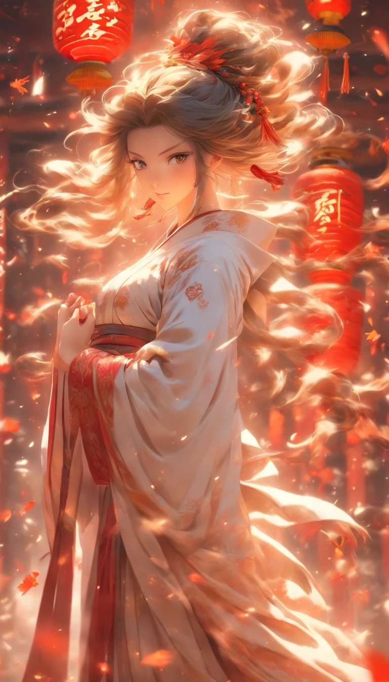 A girl in a white robe holds a red couplet, Surrounded by many red couplets, All hanging in the air,Filled with Chinese characters. Full of tension, Anime aesthetic style, hyper HD, Traditional clothing, rich details, fantasy, 8K, elaborate faces, Beautiful women, Girl with shiny hair with black hair, Beautiful and moving, Classical style, CG rendering, Front view, Detailed background depiction, Realistic and delicate facial features, proportional facial features, Immortal chivalrous style, Clear eyes, And gorgeous array behind background, Light and shadow effects, and the Tyndall effect