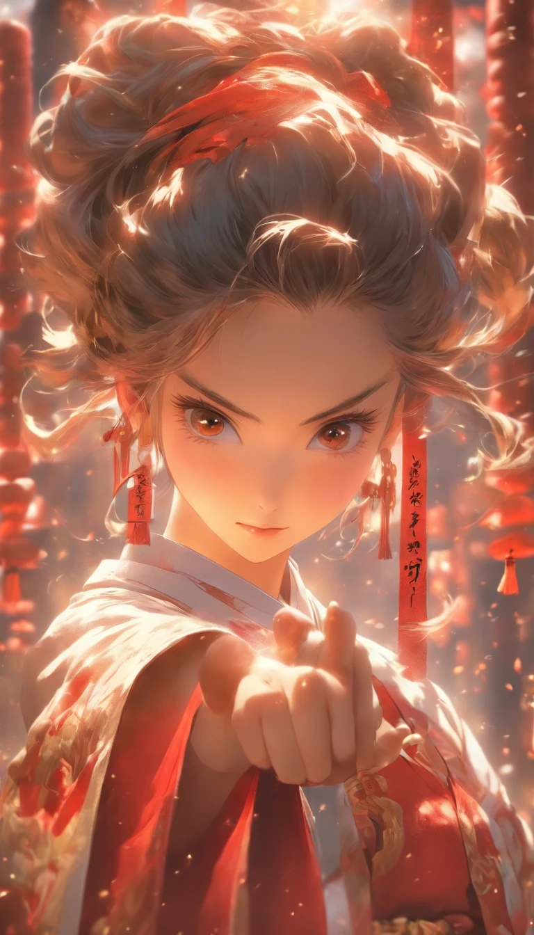 A girl in a white robe holds a red couplet, Surrounded by many red couplets, All hanging in the air,Filled with Chinese characters. Full of tension, Anime aesthetic style, hyper HD, Traditional clothing, rich details, fantasy, 8K, elaborate faces, Beautiful women, Girl with shiny hair with black hair, Beautiful and moving, Classical style, CG rendering, Front view, Detailed background depiction, Realistic and delicate facial features, proportional facial features, Immortal chivalrous style, Clear eyes, And gorgeous array behind background, Light and shadow effects, and the Tyndall effect
