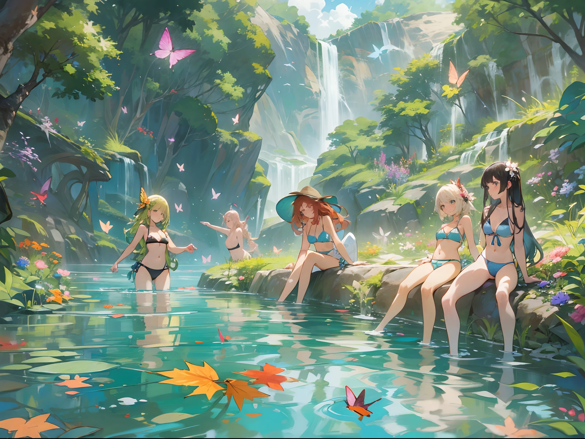 [Anime 1.5], A group of girls swimming in pond, waterfalls and mountains, flowers and butterflies, beautiful and highly detailed scenery, everyone wearing bikini's, cute and beautiful and adorable, maple trees