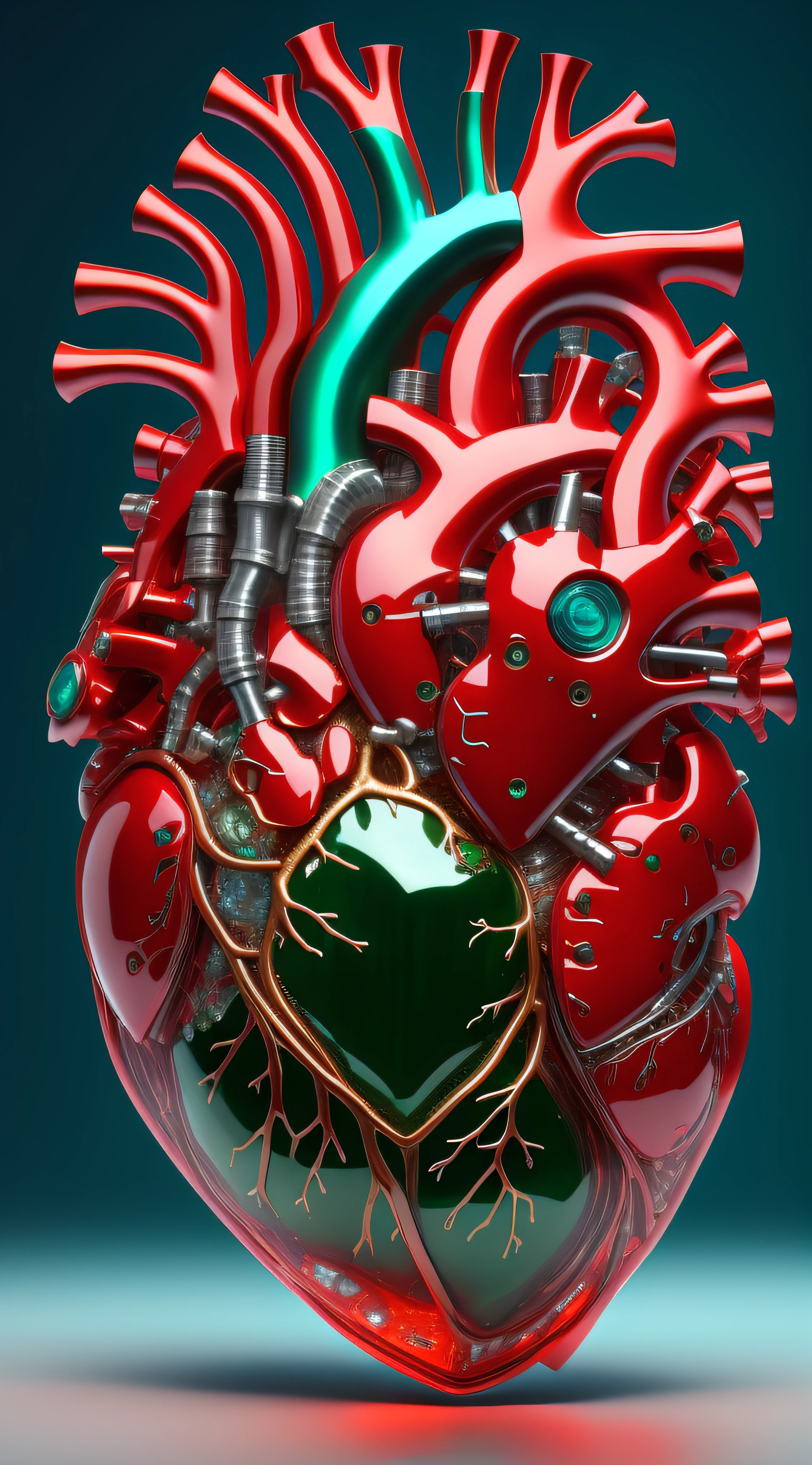 ((8k masterpiece)), RAW photo, ((best quality:1.2)),professional photograhy, 3d capture, 3d work, single item focus, absurdres, huge filesize, A 3d biomechatronic_heart ((3d human heart:1.4)) made from high grade toughened glass, with aerospace grade ((polished titanium valves:1.2)), macro detailed vein and fibre systems, illuminated heart chambers, intricate vein systems, multiple valve systems, space-age technology, futuristic engineering, engineering masterpiece, external vein systems wrapped around the glass heart, valves splitting off in all directions, polished metal valves silver_valves:1.2, scarlet micro glass vein systems, polished titanium anatomical heart pieces attached to the exterior surface with engineered screws, plain single colour background, contrasting background, volumetric lighting, quixel megascan, unreal engine5, cg9 studio, trending on artstation,