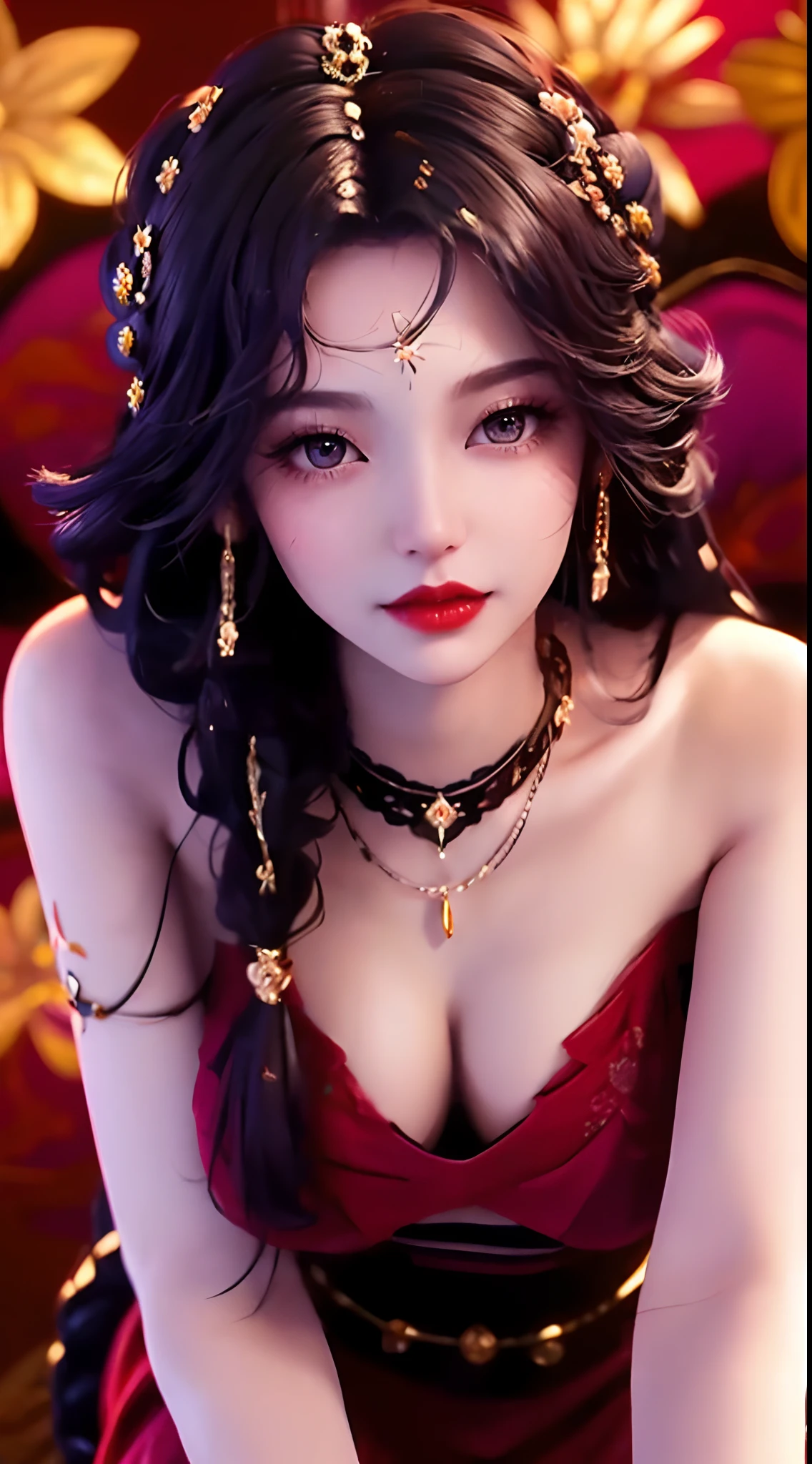 1 beautiful and sexy 20 year old girl, ((wearing a super thin red dress:1.6)), dress with diamonds, ((long purple-black hair:1.6)), bangs, elaborate jewelry made from stones noble and beautiful hair, ((wearing a black lace necklace:1.4))), noble, noble style of an extremely beautiful girl, super cute little face, very pretty face, fur thin eyebrows, flawless beautiful face, ((black eye pupils: 0.8)), very beautiful eyes, ((black eyes: 1.6)), beautiful makeup and detailed hairdo, eyelashes, eye makeup wet, high nose, earrings, red lips, ((closed mouth: 1;5 )) beautiful lips, slim hands, ((arms spread out to the sides: 1.5)), rosy face, clean face, flawless beautiful face, smooth white skin, (big breasts: 1.5)), ((high breasts: 1.6)), firm breasts, nice cleavage, (((big and super round breasts: 1.8))) , ((super firm breasts: 1.7)) , beautiful breasts, perfect body, (((sitting position, leaning back and hands behind: 1.5))), ((chest puffed out: 1.5)) , don't be shy, 8k photos, super high quality, super realistic, super 10x pixels, optical, bright studio, bright edges, two-tone lighting, (high detail skin:1.2), super 8k, soft lighting , high quality, volumetric light, optical, optical high resolution, light, best photo, 4k, 8k quality, blur effect, smooth sharpness, 10 x pixels, ((flower red background:1.5)), aurora, lightning, super realistic graphics, most realistic graphics, alone, solo, Extremely sharp, surreal images, (((frontal portrait: 1.4)))."