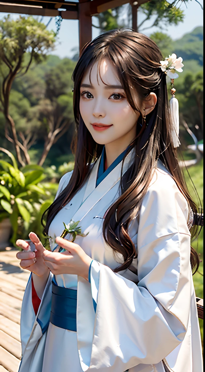 , Dynamic, Super Detail, 8K Detail Post-Processing, Magnificent, surrealism, 8K, epic composition, Intricate details, hair color random, ((Chinese White Hanfu)), early morning, forest, Tree House, vine, Sexy, Holding flowers, Smiling