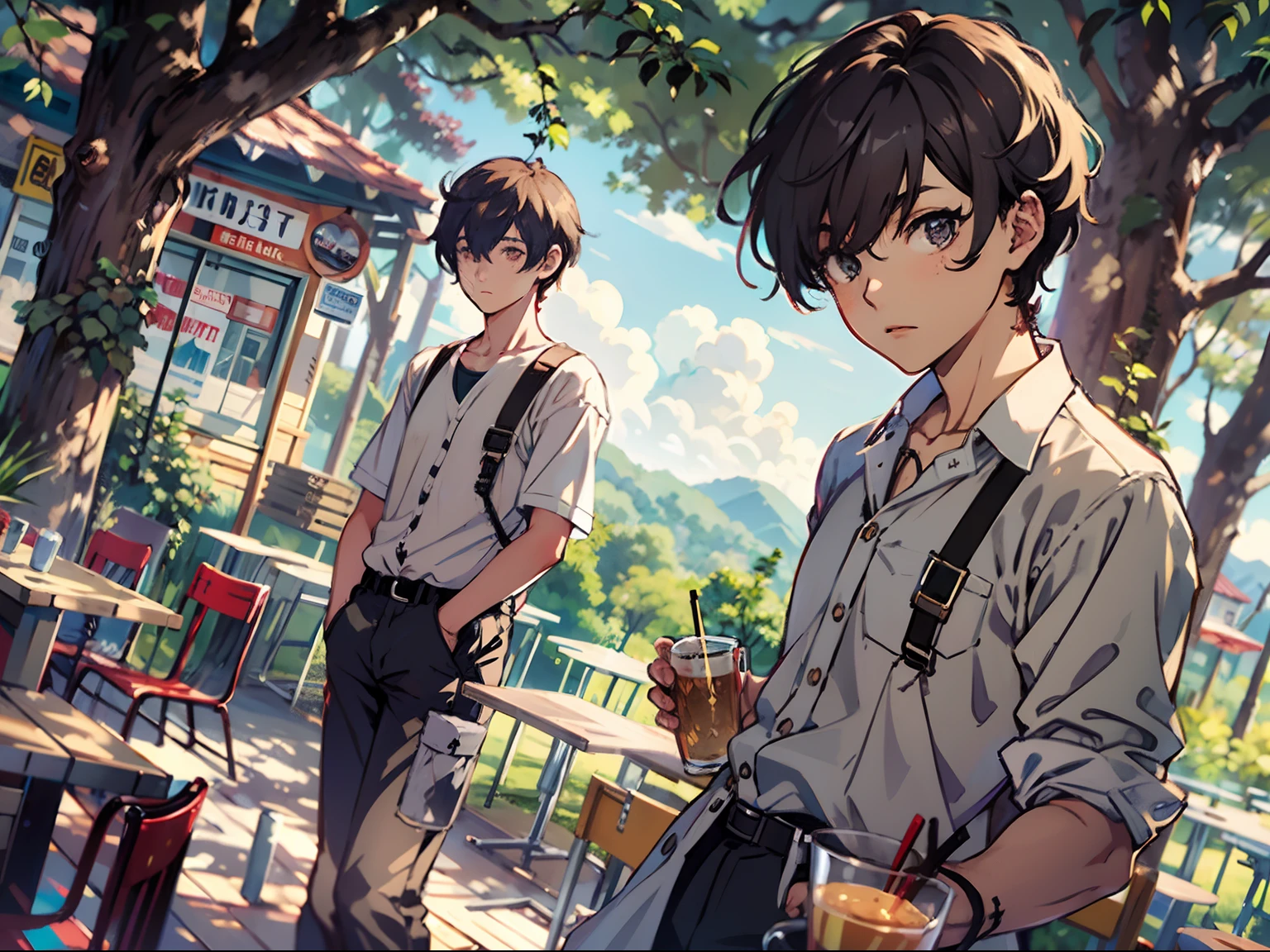 1boy,11 only、(Man's :2),(bobhair:1.5)、A dark-haired、Cutter shirt、cafes、Trees、Sunlight、Clouds,Natural lighting、hightquality、masutepiece,8K,hight resolution、