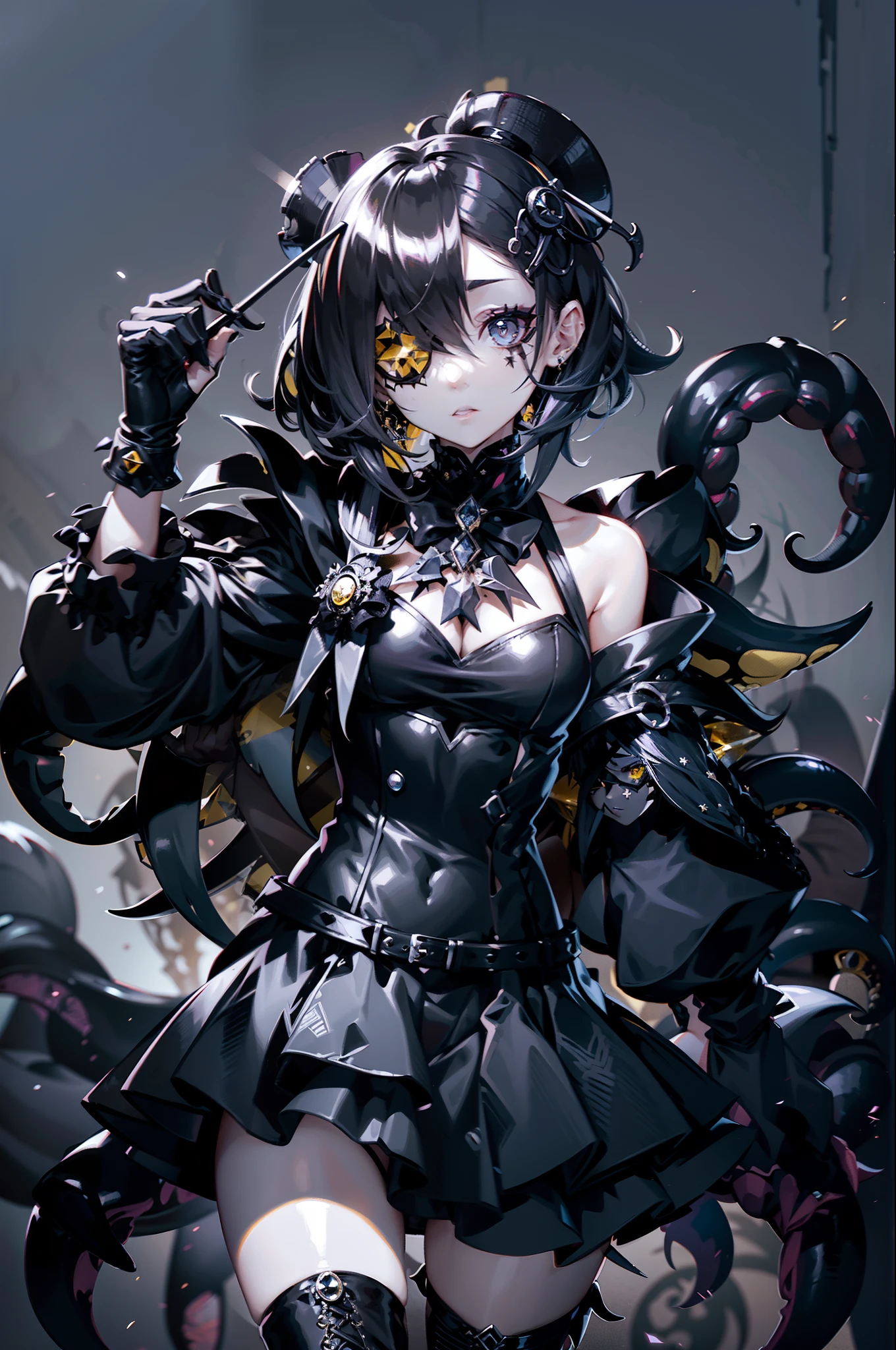 Girl in a gothic dress. she is wearing a black dress. One of her hands became a scorpion scissors. Scorpion's tail. Silver hair. Eye patch. an eye patch. One of her eyes is covered. Mini skirt. Black boots. Yellow eyes. Yellow Crystal Hair Accessories. Black umbrella small top hat on her head. Many wings. Full body image.