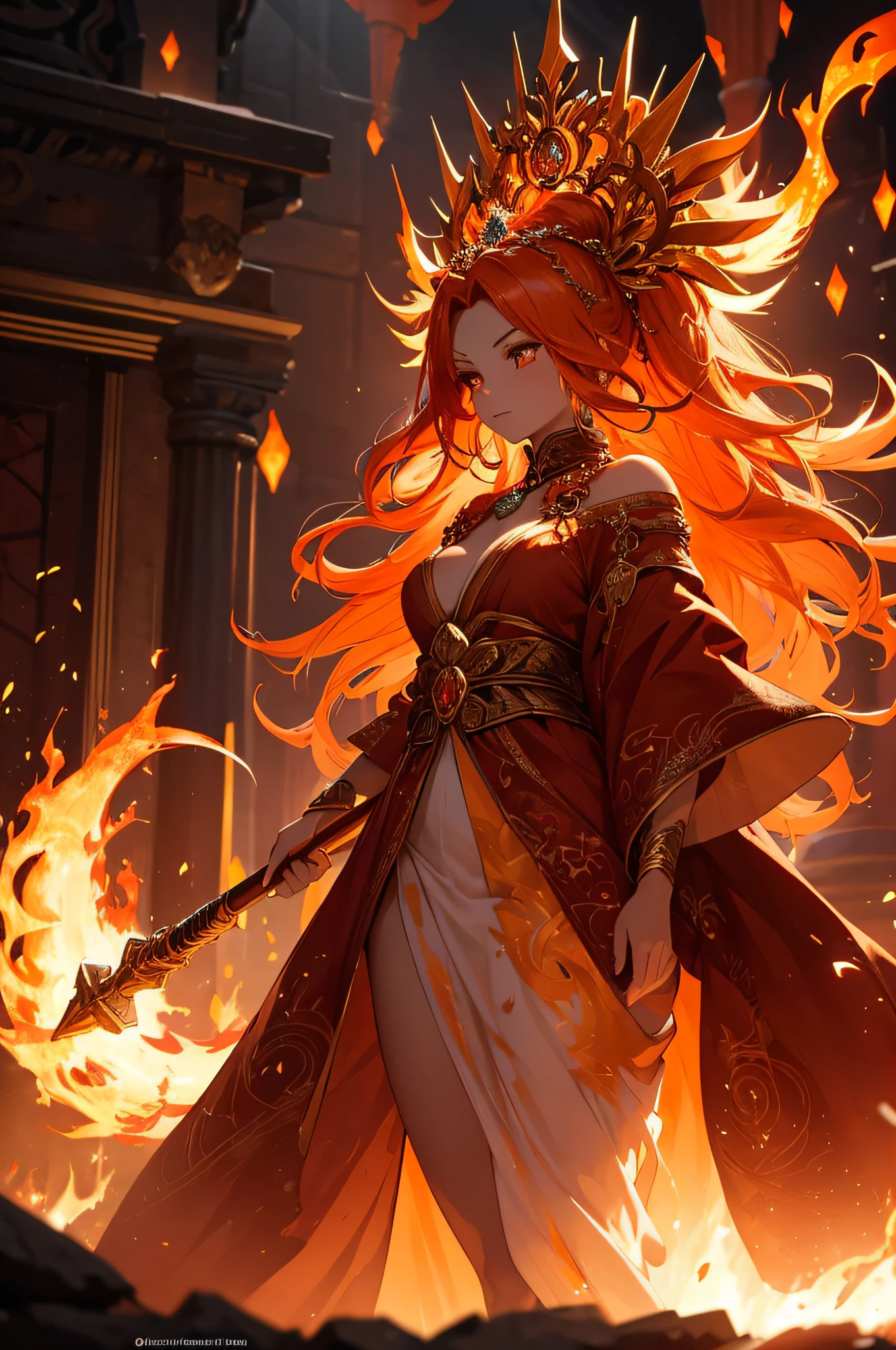 A majestic fire goddess with flowing, vibrant orange and red flames for hair, glowing golden eyes that radiate power, and a regal crown made of flickering embers. Her ethereal, translucent skin shimmers with a warm, fiery glow. She stands tall, surrounded by swirling flames that dance and lick at her feet, creating a halo of fiery energy. Her elegant, flowing gown is adorned with intricate patterns resembling flames, and she holds a staff that crackles with raw fire magic. The scene is bathed in a warm, intense glow, casting long shadows and creating an atmosphere of awe and reverence.