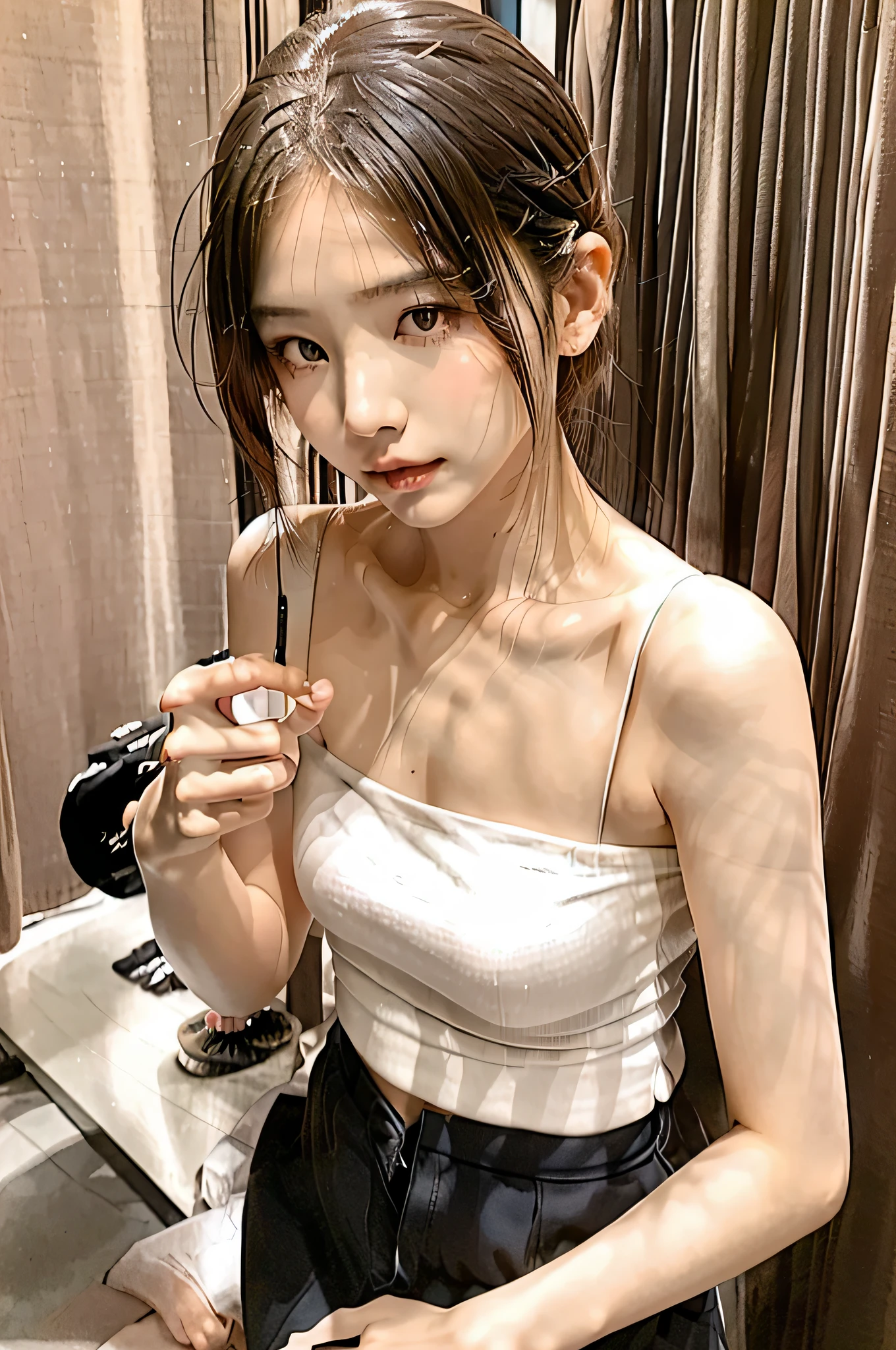 Fashion trends are beautiful，Gentle and charming Miss Taiwan，（JPOP idol），（），delicate and sexy collarbones，Oval face，二重まぶた，Clever peach blossom eyes，Pink lips，small-nose，exposed bare shoulders，Focus on the face，closeup of face，hyper HD，ultra-delicate，fully body photo，Ultra-thin light transmission，The white off-the-shoulder shirt perfectly echoes the platinum blue slit skirt， Fresh and good，