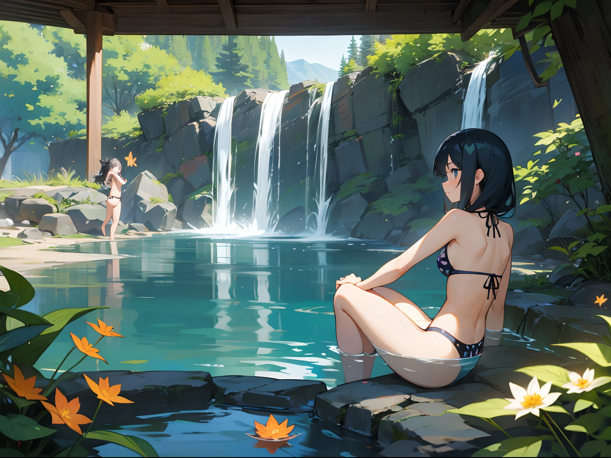 [Anime 1.5], A group of girls swimming in pond, waterfalls and mountains, flowers and butterflies, beautiful and highly detailed scenery, everyone wearing bikini's, cute and beautiful and adorable, maple trees