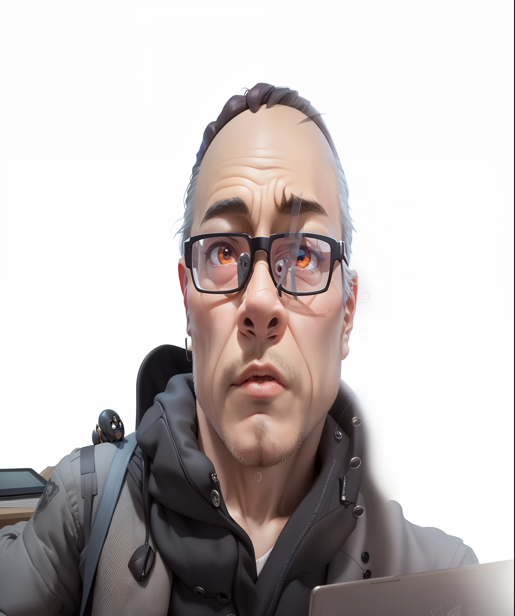 A young man in formal clothes，Short hair and glasses，Sitting at your desk，holding laptop，digitial painting，cartoonish style，4K HD illustration，Very detailed facial features，tigre，Mark Clairdon，by Pixar，3D character design：Hayao Miyazaki and Akira Toriyama, Cartoon-style visuals。