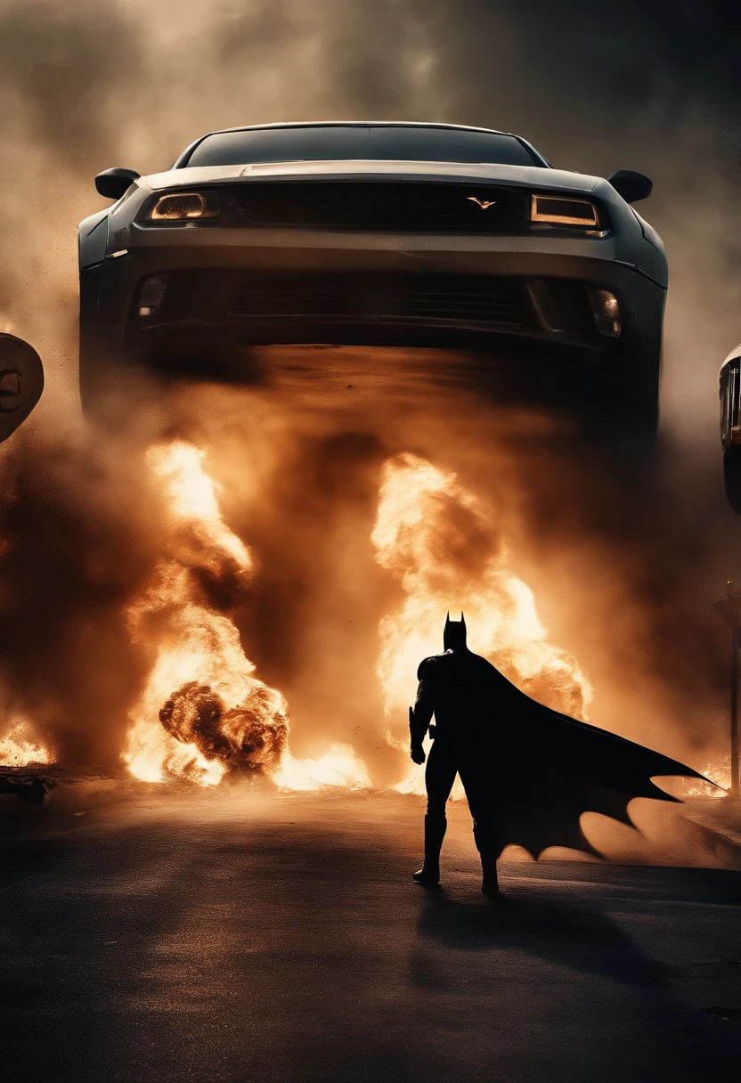 Batman,Jason Bourne,lutando numa rua,torcida,car explosions,HDR,Full HD,Cinematic,imagen detalhada,total fidelidade de imagem