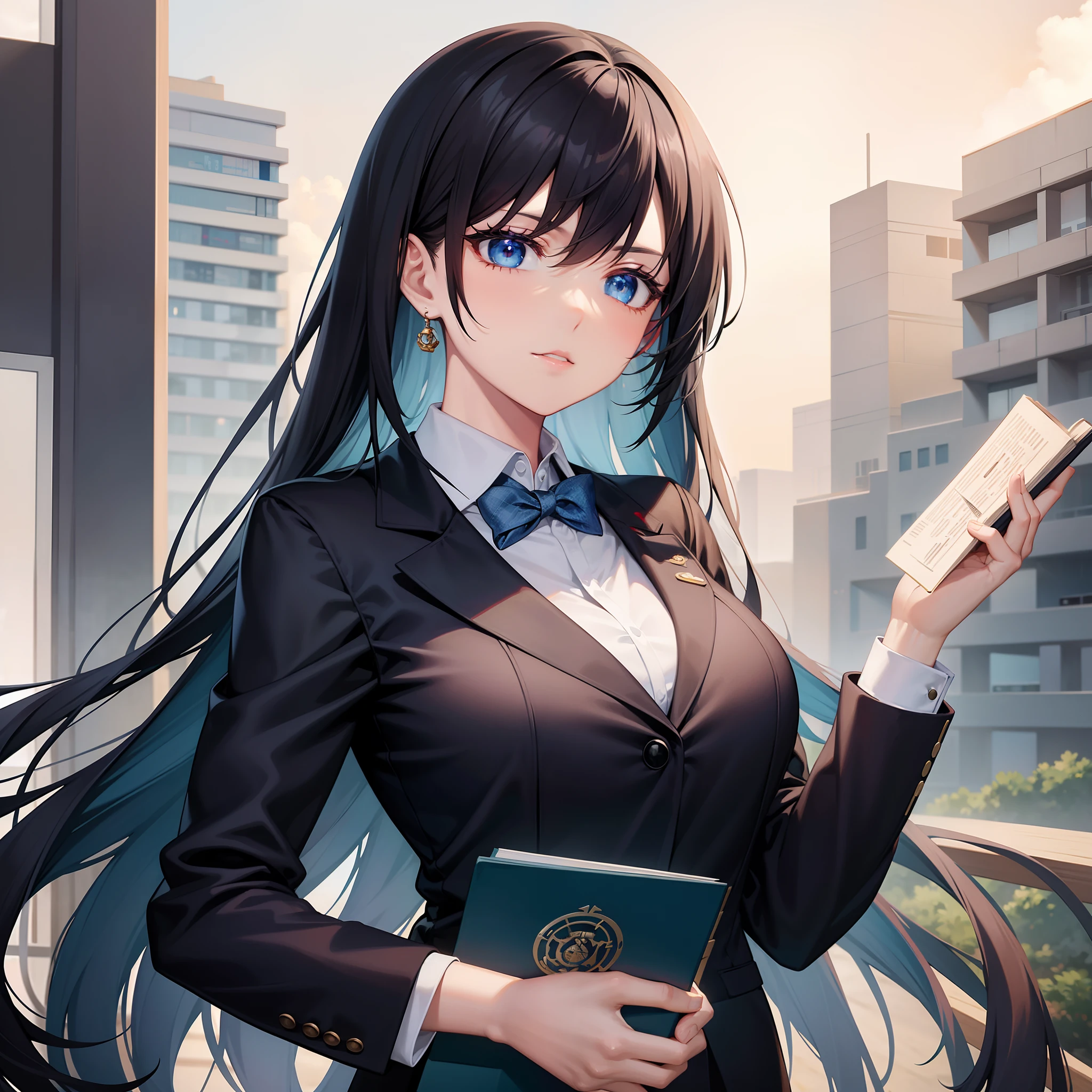 A pretty anime lady, wearing a professor attire, holding a book, black haired lady, blue oceanic eyes, looking at you with a poker face, human.