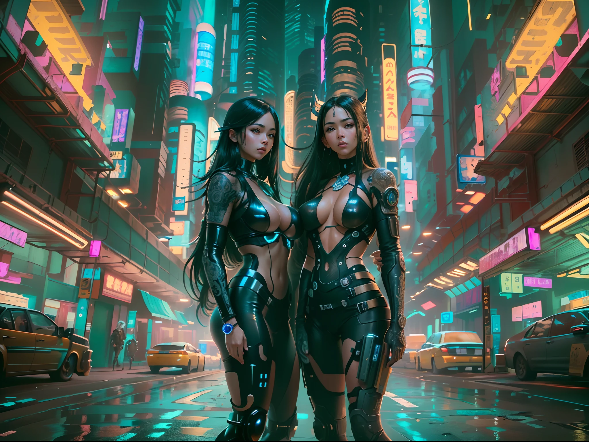 (Beautiful Asian identical twin cyberpunk girls together), cowboy shot, toned sexy bodies ,(big breasts:1.7), long shapeless hair, (shiny skin:1.4), shiny lips, ((symmetrical detailed face:1.7)), black long shapeless hair, ((ultra detailed neon cyberpunk futuristic city)), detailed and intricate ((cyberpunk city streets background)), featuring high-tech holographic projections and sleek architecture, art by (((Syd Mead, Masamune Shirow))), (highly detailed photo realistic), sharp focus, ultra high quality, vibrant, masterpiece, (cinematic lighting).