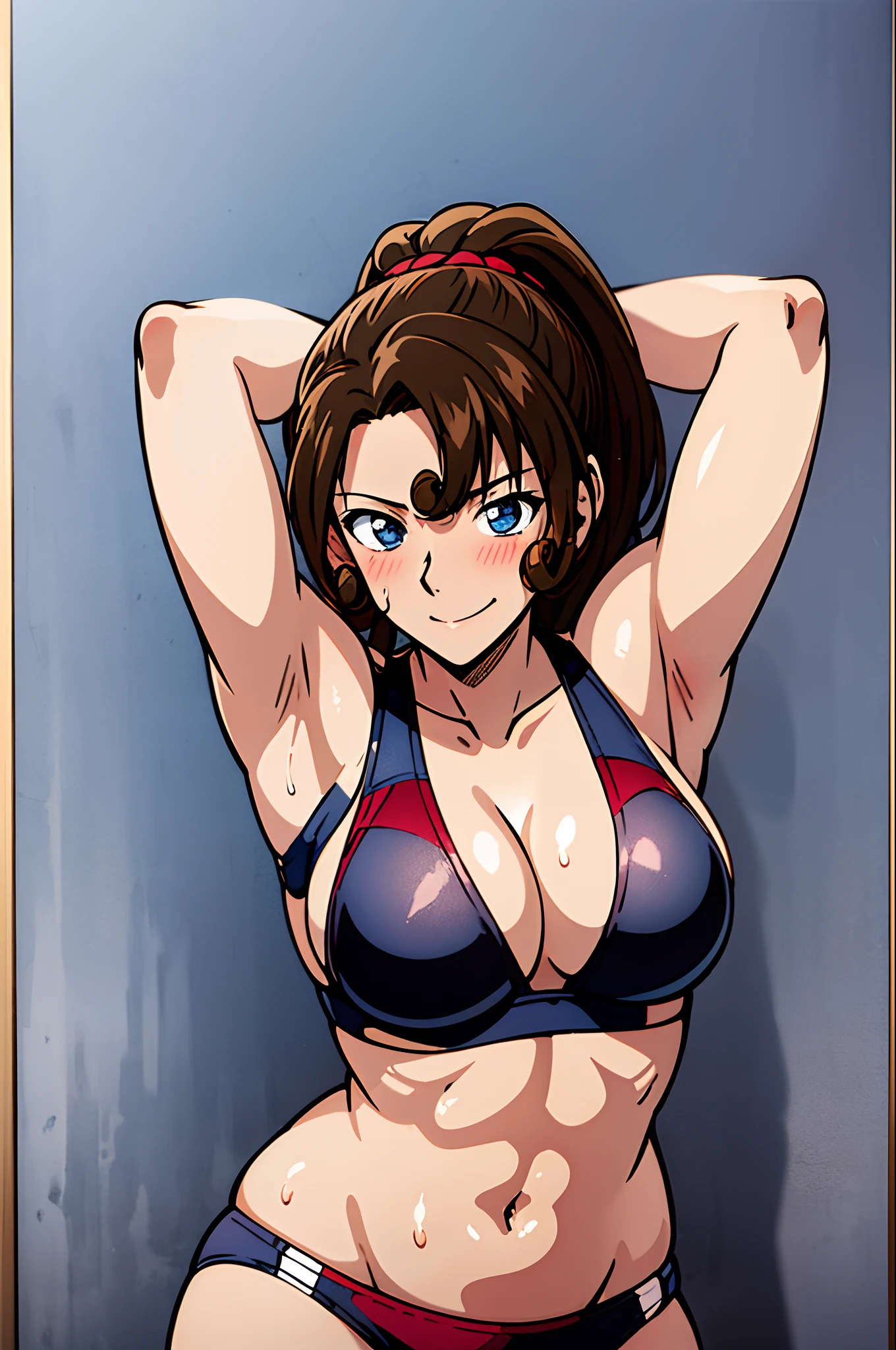 poster, anime style, hires ((wrestling ground)), (female wrestler), (slender body, sweating, tired), mature woman, milf, (bikini, ultra detailed pro wrestling gear) victorious, gorgeous, winner, confident face, smile, (closed mouth), (pale skin, shiny skin, lighting and shadow), big breasts, (only one arm stretching), long belly, closed fists, seductive, (brown, long hair, ponytail), 37 years old
