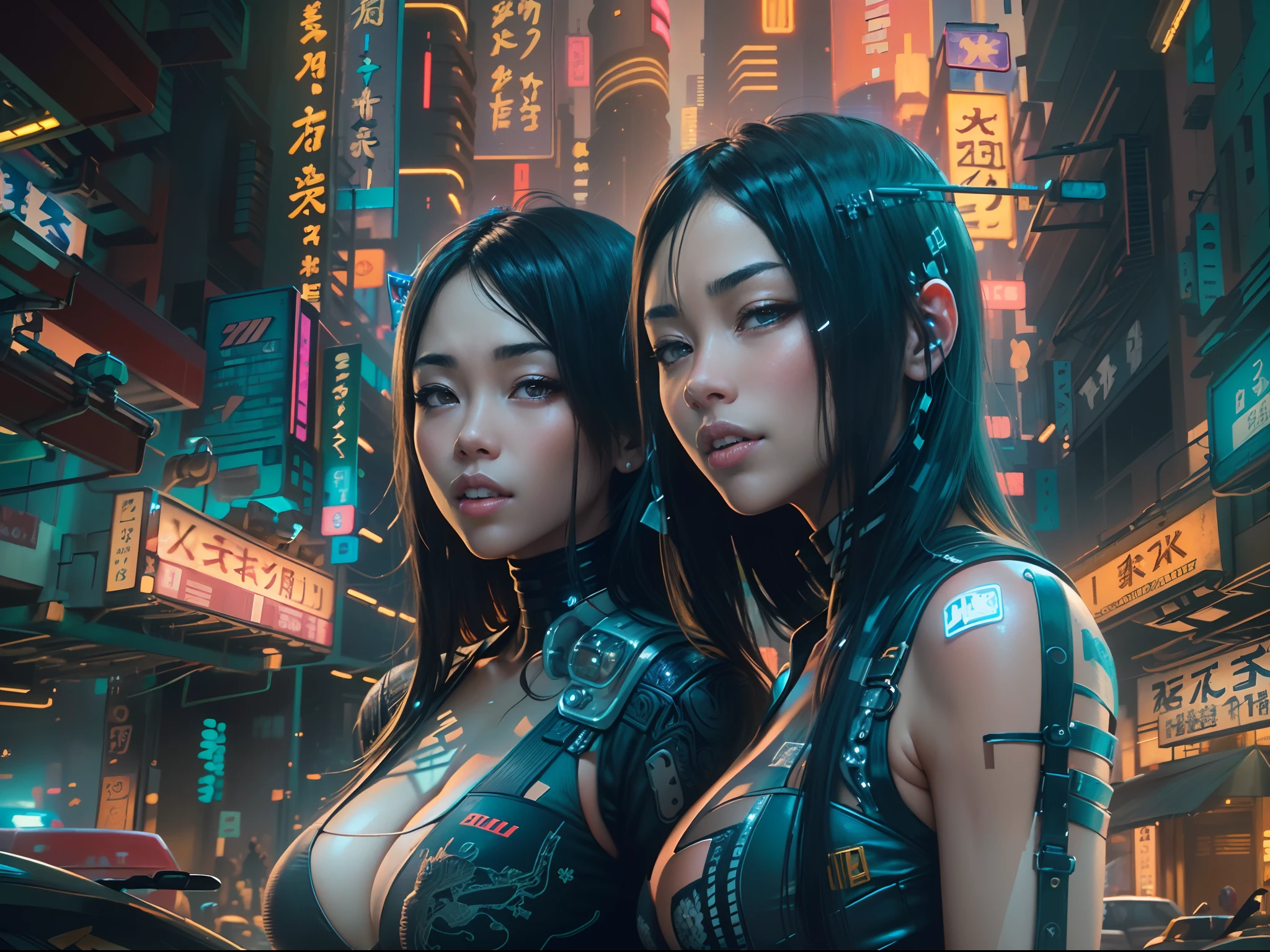 (Beautiful Asian identical twin cyberpunk girls together), cowboy shot, toned sexy bodies ,(big breasts:1.7), long shapeless hair, (shiny skin:1.4), shiny lips, ((symmetrical detailed face:1.7)), black long shapeless hair, ((ultra detailed neon cyberpunk futuristic city)), detailed and intricate ((cyberpunk city streets background)), featuring high-tech holographic projections and sleek architecture, art by (((Syd Mead, Masamune Shirow))), (highly detailed photo realistic), sharp focus, ultra high quality, vibrant, masterpiece, (cinematic lighting).