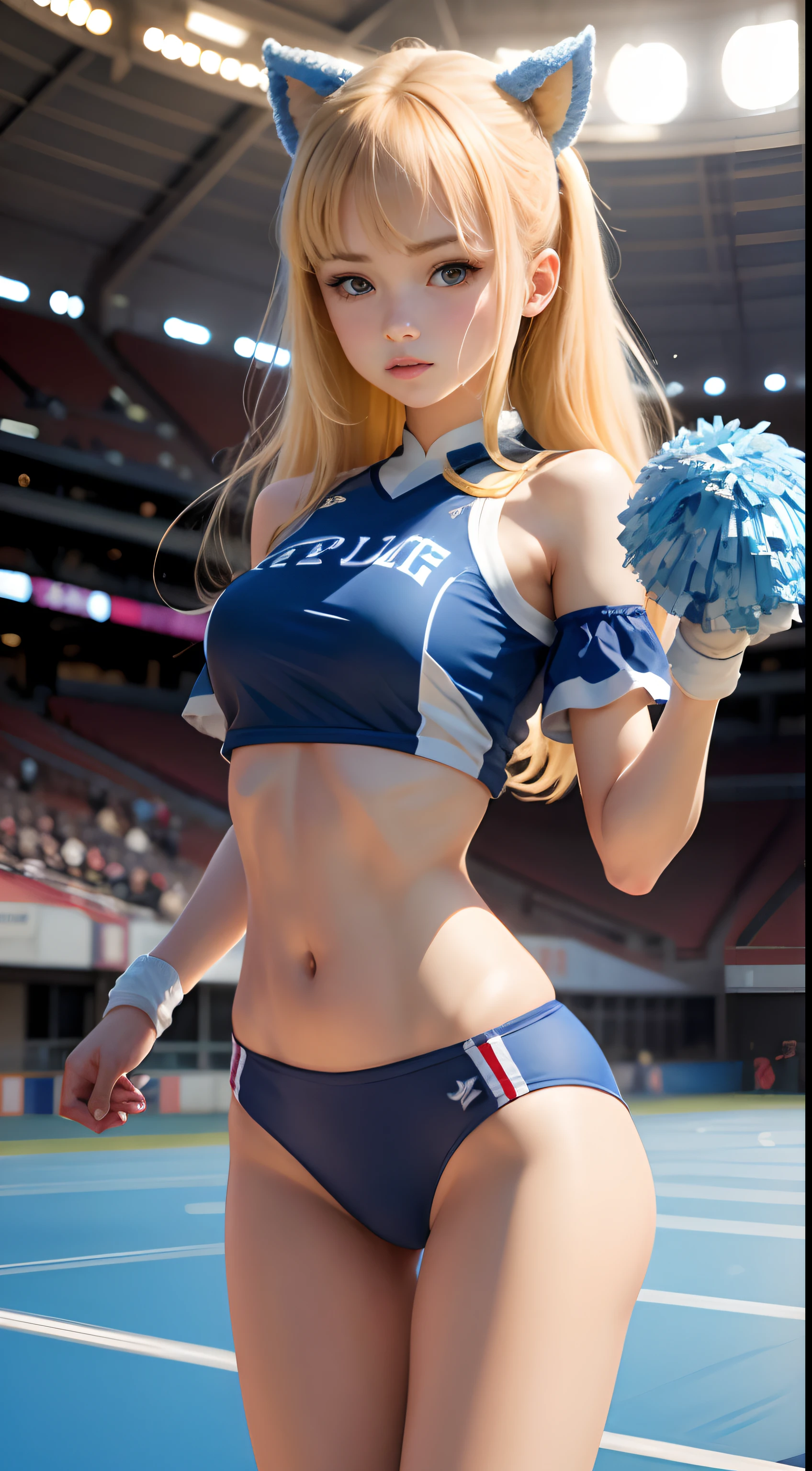 1girl in、Top image quality、Young Adult Women、hposing Gravure Idol、A slender、a blond、blue eyes、stadium、Cheerleading Club、cheerleaders、sneakers、Holding a pom-pom in both hands、A slender、realisticlying、ren、Correctly depict the structure of the human body、Anatomically correct depiction、Depicts the whole body、low angles、