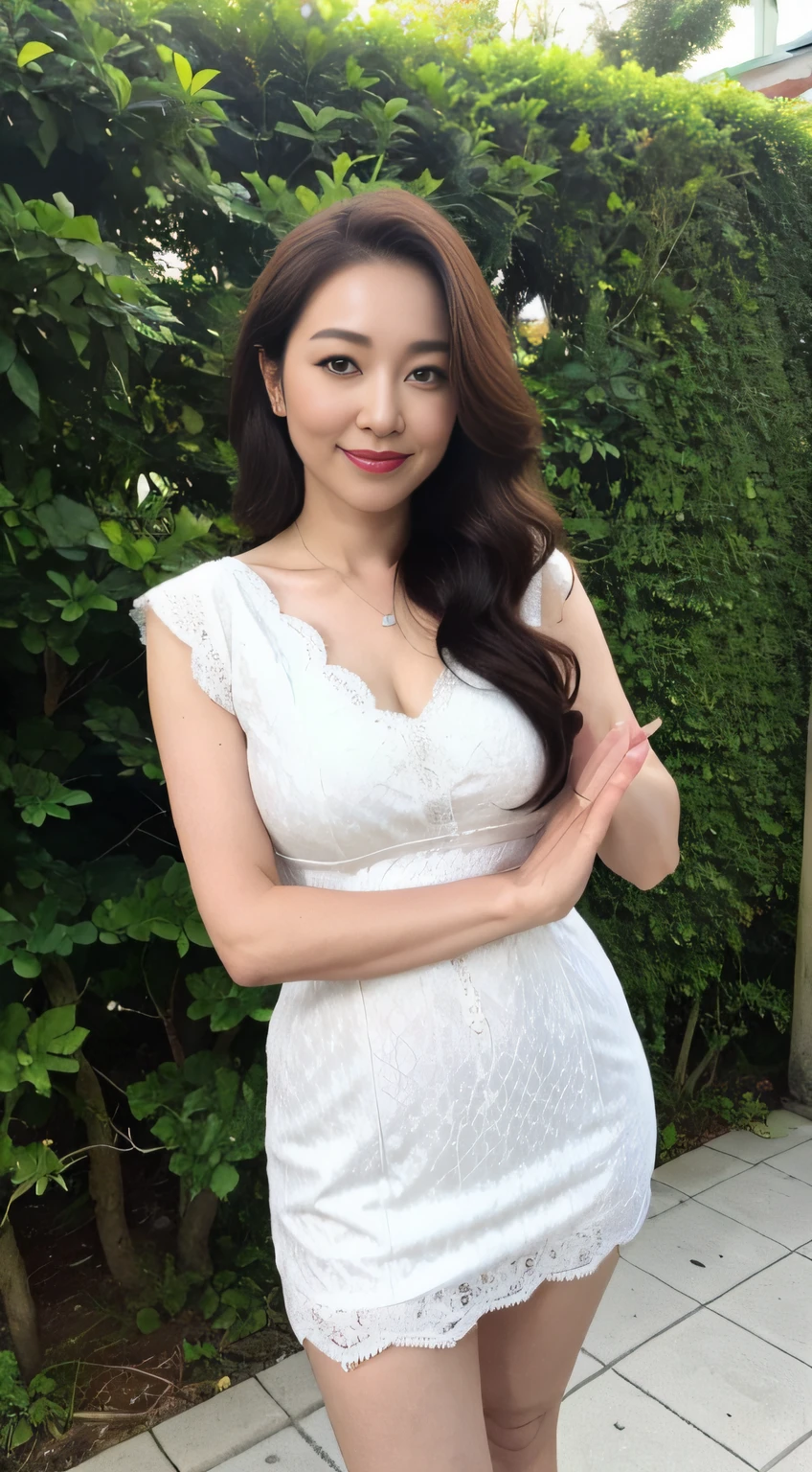 ((中景 the scene is、A half body)),((top-quality、8K、tmasterpiece:1.3))、foco nítido, high-level image quality, A high resolution, Portrait, Solo, Middle-aged woman, Beautuful Women, 45 yers old, plump,Wavy hairstyles, Flowering garden background, Wrinkles at the corners of the eyes, mesmerizing looks, ssmile:1.2,nedium breasts:1.2、Colossal tits、nipple piercing、a necklace、Visible nipple、Crewneck lace top,Both hands are lowered,standing on your feet:1.2,orthofacial,Complete fingers,perfect bodies,((Place your hands next to your legs))