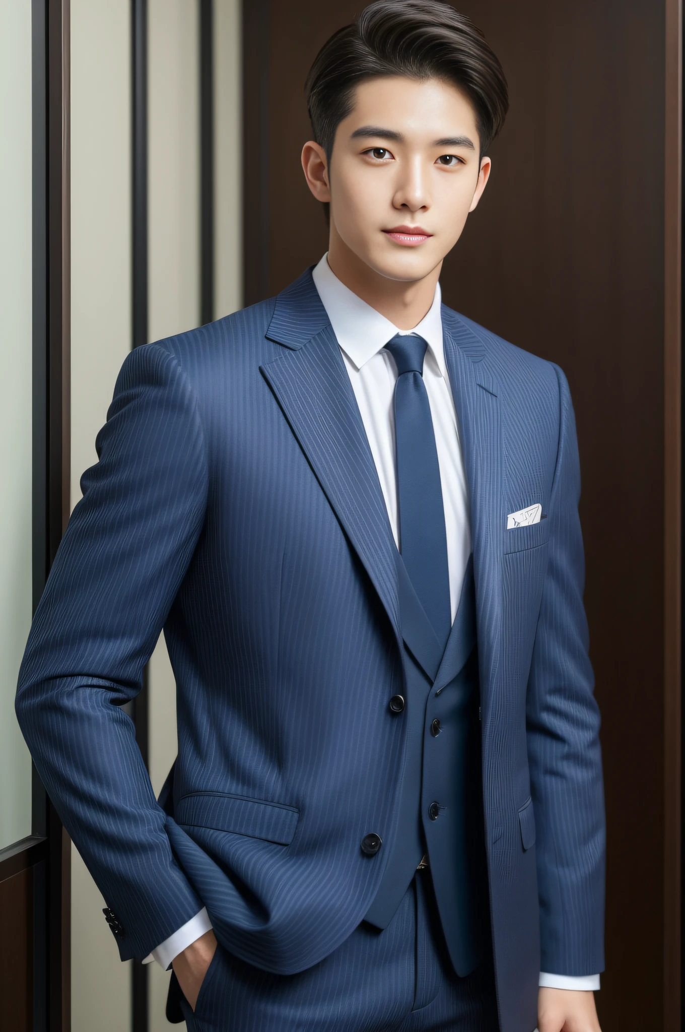 masterpiece, best quality, high quality, Extremely detailed CG Unity 8K wallpaper, Depth of Field, HDR,,Realistic portraits,Very detailed, 1 man, Asia, Black short hair (Wearing a gray suit), Chest muscles,Chest muscles肿胀, Muscles of the upper arms, Blood vessel, Big muscles, Broad shoulders, Sitting on an extra chair and looking at the audience, balance eyes, (eye contact)