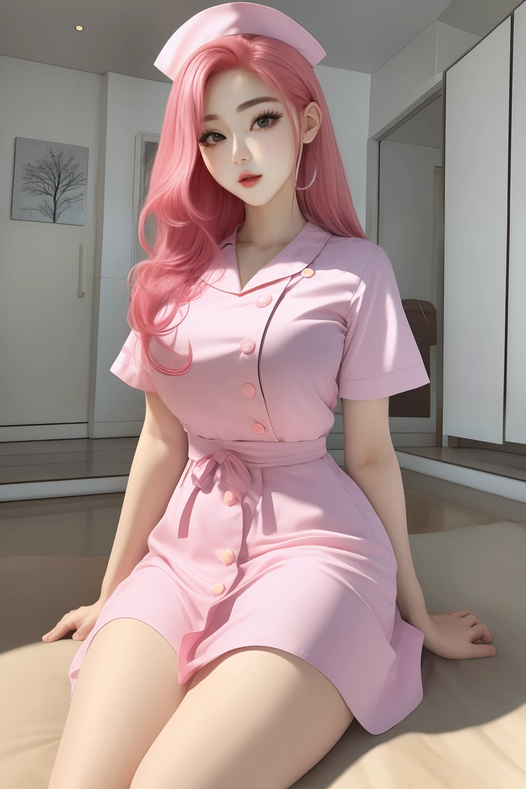 masterpiece, best quality, realistic, 1girl, nurse, thick thighs, f-cup breast, dress view, (PureErosFace_V1:0.6), pink hair