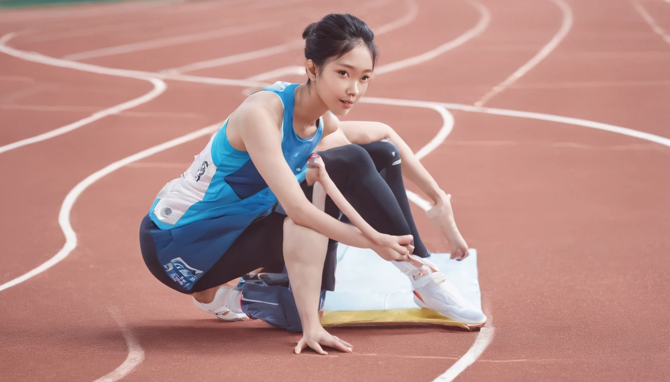 35mm humanistic lens,Sports girl,Starting position,running track,detailedbackground,Asian Games,Full body like,Smudge,Faraway view,super-fine,ultra - detailed,high qulity,8K ,oc rendered,dynamic viewing angle,Hyper Real,Ultra photo realsisim