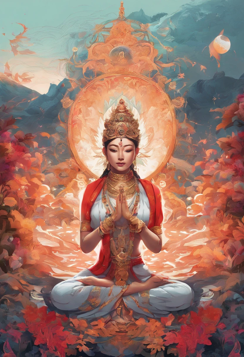 The artwork is a hyper-detailed painting of the goddess Tara, sitting in a yoga pose, with a mountain and ocean background. She is wearing a red and gold saree and has shoulder-length hair. The painting is entirely in frame and shows her full body. Behind her head, there are god rays and a halo, and the background is filled with vibrant glowing abyssal colors. The artwork is in the beautiful anime waifu style, with luminism techniques used to create a radiant and glowing effect. The painting is created in 8k resolution, with fractal isometrics details and bioluminescence, making it intricately detailed. The artwork is cinematic and trending on art station, with isometric-centered hyper-realistic cover photo, full of awesome full color, and hand-drawn with gritty, realistic, and intricate details. The painting is created by Carne Griffiths and Wadim Kashin concept art, making it of ultra-high quality. The artwork is a rough sketch with bold lines, created on paper, and has a vibrant and epic feel to it. The painting is surrounded by electrical energy that radiates from Tara's body, making it look even more stunning.