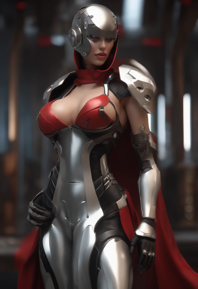 A cybernetic woman, Has the perfect sculptural whole body, Realistic, The stomach appears, (Large and perfect breasts), décolleté, 。.3D, A hood and cloak are worn on the head, The right eye has a red visor, Anime style 3D, Ultra photo realsisim, HD,