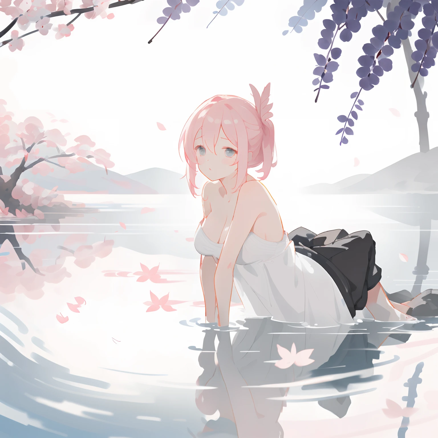 masterpiece, best quality, ultra-detailed, illustration, 1girl, solo,((sitting in the shallow water, surrounded by pink sakura petals floating on the water)), butterfly, wisteria, electricity, blue sky, cloudy sky,(large breasts), ((eye focus)), expressionless, critical angle, bokeh, depth of field, ((eye focus)), light glowing particles, arms behind back,