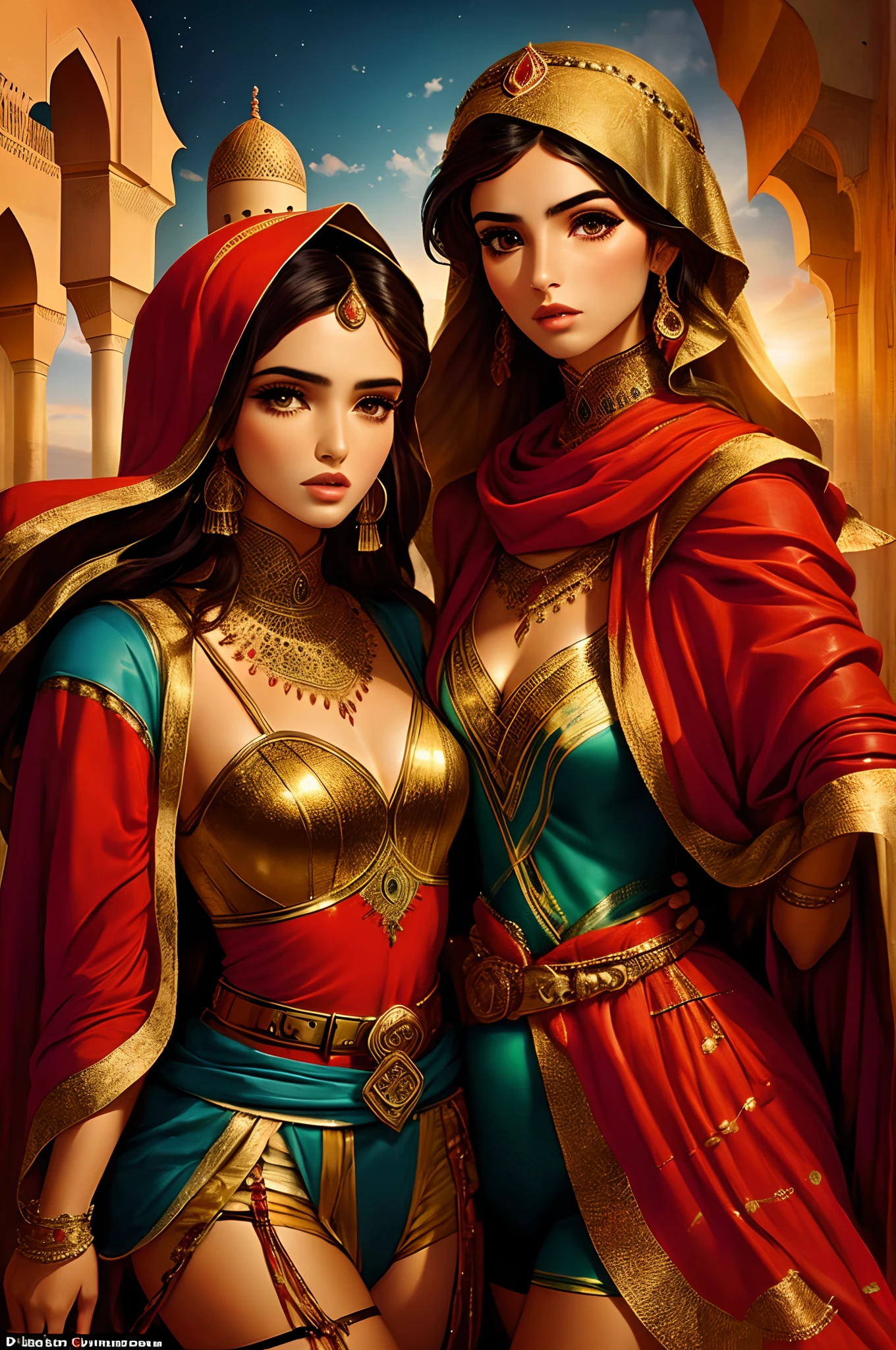 Mavtan Moroccan Islamic surreal super detail,a couple of lesbians,dynamic pose,leering,(fantastical belt,fantastical robes,fantastical ribbons)