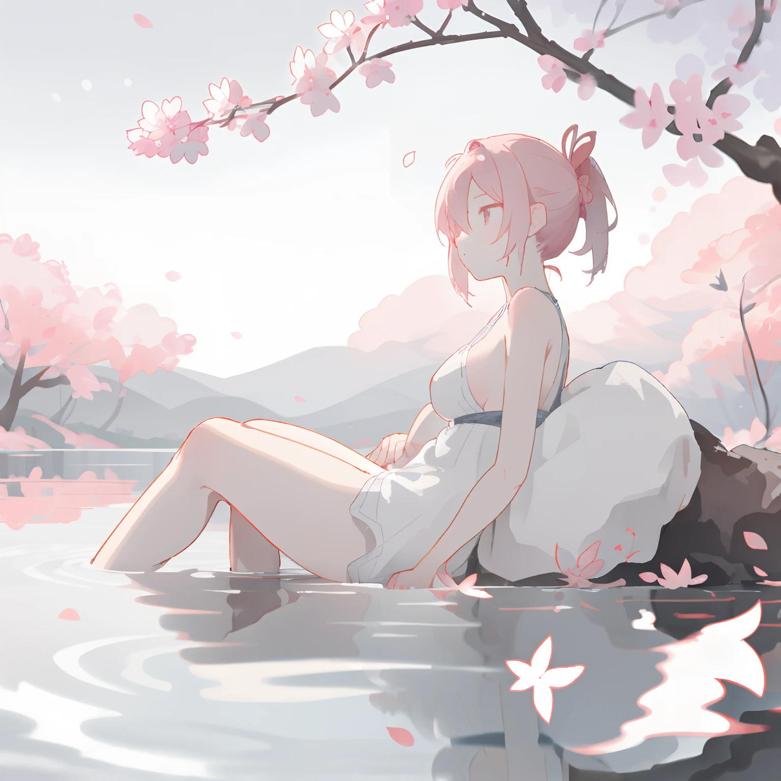 masterpiece, best quality, ultra-detailed, illustration, 1girl, solo,((sitting in the shallow water, surrounded by pink sakura petals floating on the water)), butterfly, wisteria, electricity, blue sky, cloudy sky,(large breasts), ((eye focus)), expressionless, critical angle, bokeh, depth of field, ((eye focus)), light glowing particles, arms behind back,