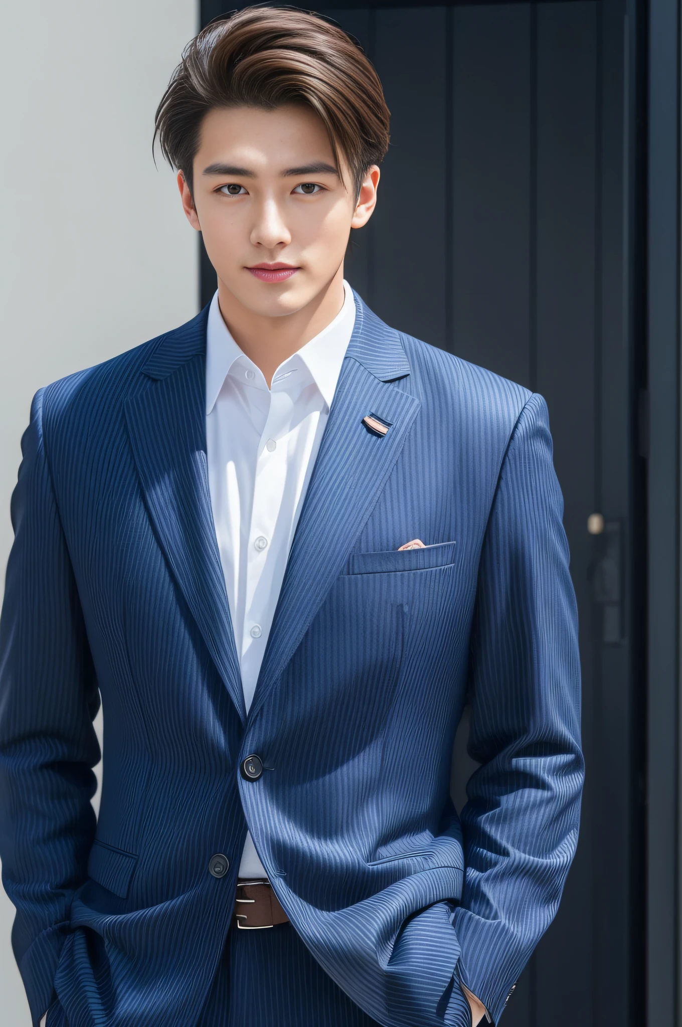 20-year-old refreshingly handsome new employee、 (Super cool S-class guy in a suit)、 Japan boys at 20 years old、 businessman、 Ultra-luxury suits、 Striped suit、 s Office、 Stand in a suitSYoung handsome man、 Full body photo、 (Highly detailed photos of CG Unity 8K)、 (A highly detailedSHandsome man in class)、 (Photo Real)、 ((top-quality))、 ultra-detailliert、 (masterpiece)、 An ultra-high picture quality、 tall、 viewer、 Gentle man、 Very beautiful hair、 short-haired、 Bright photo、 Handsome like a model、 Handsome like an idol、 Luxury Watches、 Cool belt、 japanes