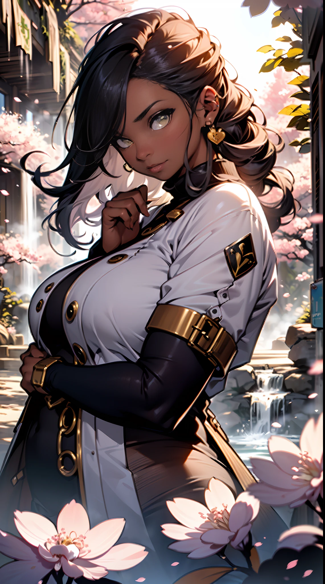 (((Dark skin, heavy set, chubby, fat, bulbous,)))(melaninated cherry blossom maiden),(Darkskin:1.2) sensual, cool, salacious, curvaceous, powerful, , random hair style, long hair, (hetrochromia eyes:1.2), (dark skin,) (chocolate-skinned female, statuesque, sensuously cool, braided black hair, soft heart-shaped face, concaved Nubian button nose, alluring, powerful. sensual, tone, and heavy and hearty body, heart hips, supple large pear breast,heart-shaped rear., cicular shades amber eyes:1.5 (,orange cherry blossom outfit),):1.2,(perfect details), (extremely fine and beautiful:1.1), (character shot) beautiful face, beautiful eyes, (detailed face, detailed eyes:1.2), detailed lip, shiny skin, oil skin, shiny hair,,(Cool smile:1.2), , (, random pov:1.2), , , dangerous:: (lots of steam:1.5),( cherry blossom waterfall:1.5),( ,fantasy),((magic, futuristic fantasy :1.5)),((grotto,cliff, watterfall:1.2)), various decoration),(cherry blossom field, highly detailed facial expressions, realistic expression, perfect peice, perfect prompt, full length, best quality, intricately accurate facial and physical structure, intricately realistic expression and emotion, accurate colored complexion, accurate body anatomy, , complex hair styles, intricate character detail, intricately expressive, intricate color desgin, complex emotions, pov, (ultra-detailed,5k, 717 gigapixels)((masterpiece), (best quality), (ultra-detailed), (masterpiece:1.2), (ultra-detailed:1.2), sense of depth, depth of field, (add layer:1.2), dynamic angle, scenery, dramatic lighting, volumetric lighting, golden hoursteven universe style,ComicCovers