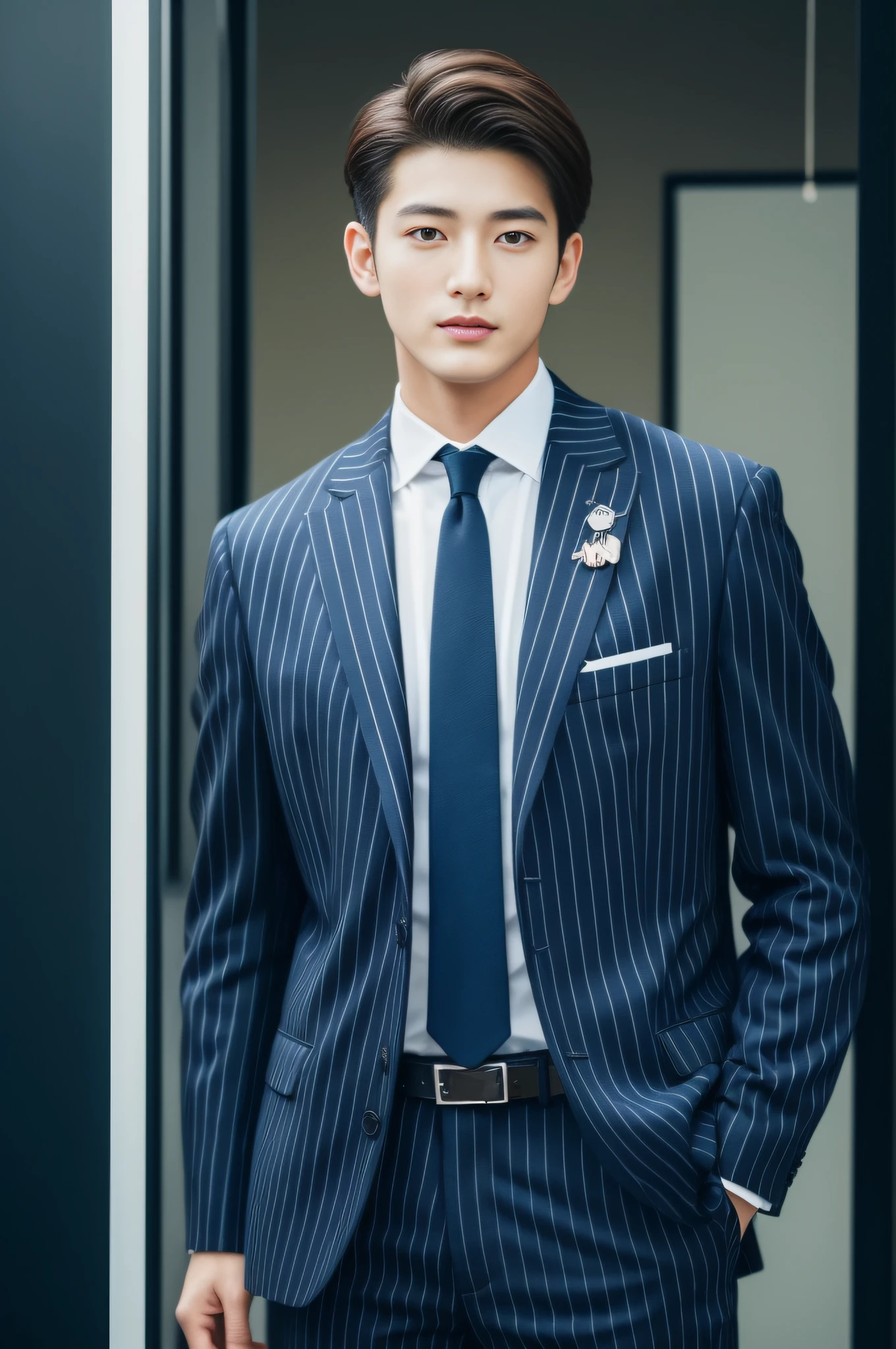 20-year-old refreshingly handsome new employee、　（Super cool S-class guy in a suit）、　Japan boys at 20 years old、　businessman、　Ultra-luxury suits、　Striped suit、　s Office、　Stand in a suitＳYoung handsome man、　Full body photo、　（Highly detailed photos of CG Unity 8K）、　（A highly detailedＳHandsome man in class）、　（Photo Real）、　　（（top-quality））、　ultra-detailliert、　（​masterpiece）、　An ultra-high picture quality、　tall、　viewer、　Gentle man、　Very beautiful hair、　short-haired、　Bright photo、　Handsome like a model、　Handsome like an idol、　Luxury Watches、　Cool belt、　japanes