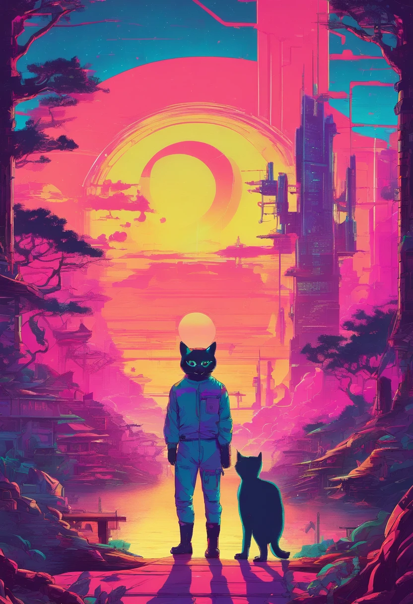 ​masterpiece、top-quality、morning、Siamese cat、middle aged man、a moon、the woods