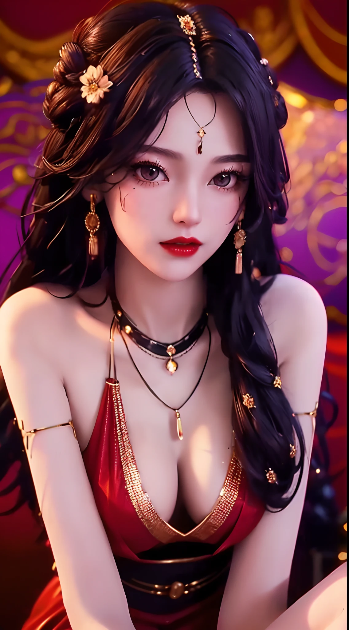 1 beautiful and sexy 20 year old girl, ((wearing a super thin red dress:1.6)), dress with diamonds, ((long purple-black hair:1.6)), bangs, elaborate jewelry made from stones noble and beautiful hair, ((wearing a black lace necklace:1.4))), noble, noble style of an extremely beautiful girl, super cute little face, very pretty face, fur thin eyebrows, flawless beautiful face, ((black eye pupils: 0.8)), very beautiful eyes, ((black eyes: 1.6)), beautiful makeup and detailed hairdo, eyelashes, eye makeup wet, high nose, earrings, red lips, ((closed mouth: 1;5 )) beautiful lips, slim hands, ((arms spread out to the sides: 1.5)), rosy face, clean face, flawless beautiful face, smooth white skin, (big breasts: 1.5)), ((high breasts: 1.6)), firm breasts, nice cleavage, (((big and super round breasts: 1.8))) , ((super firm breasts: 1.7)) , beautiful breasts, perfect body, (((sitting position, leaning back and hands behind: 1.5))), ((chest puffed out: 1.5)) , don't be shy, 8k photos, super high quality, super realistic, super 10x pixels, optical, bright studio, bright edges, two-tone lighting, (high detail skin:1.2), super 8k, soft lighting , high quality, volumetric light, optical, optical high resolution, light, best photo, 4k, 8k quality, blur effect, smooth sharpness, 10 x pixels, ((flower red background:1.5)), aurora, lightning, super realistic graphics, most realistic graphics, alone, solo, Extremely sharp, surreal images, (((frontal portrait: 1.4)))."