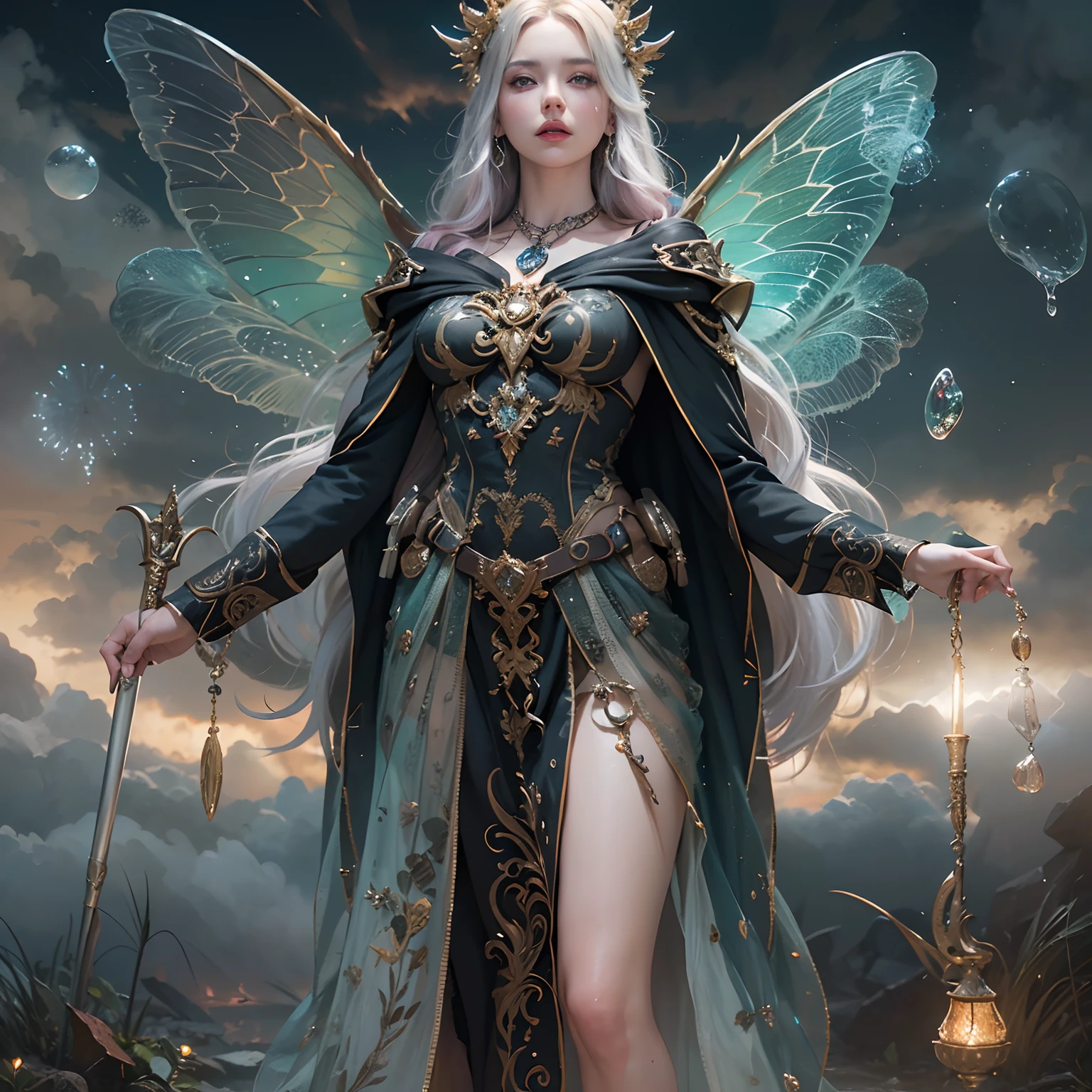 (Numerous award-winning masterpieces of, With incredible details, textures and maximum detail), (full-body standing image:1.8), (up of the upper body:0.3), (Ultra photo realsisim:1.4), (Realistic:1.3), (best quality real texture skin), (Beautiful fairy high wizard: 1.7), (Holding a long wizard's staff with elaborate decorations,Exudes a mysterious glow: 1.7), (Fine true circle Symmetrical eyes), (Beautifully drawn beautiful face), ((medieval world)), (Wearing a wizard's black hat: 1.6), (Pitch-black cloak with elaborate decorations: 1.6), (Cloak with elaborate decoration, Although it is damaged and faded: 1.5), (full-body standing image:1.8), (Beautiful clear eyes), (Slight smile), (Beautiful colored eyes full of joy), (A high-level fairy wizard who unleashes magic from your fingertips: 1.3), (Shining majestic cloud masses and sky:1.4), (A powerful glowing magic array: 1.3), Dramaticlight, A majestic sight, (There are 4 large transparent dragonfly wings behind the shoulders: 1.7), (((Folded wings))), Glass earrings on the ears, (((Dramatic photo))), (full-body standing image:1.8), (Golden hair), (Silver hair), (maroon hair), short detailed hair, ((head looking up)), ((Looking down)), (Around her neck is a simple necklace of exquisite workmanship), Old ruins infested with plants, great temple, great cathedral, Temple ruins, detached temple, (Luminous magic circle), Ancient Castle Site, Deserted ruins, crumbling ruins, Ancient ruins with clear water, Highly detailed, Ultra-realistic, Intricate details, Painting (artwork of a), ((Masterpiece,Best quality)), ((Cinematic light)), Ultra photo realsisim, fearsome, Dark fantasy, holy rays, epic realistic, Faded, ((com cores neutras)), art, (hdr:1.5), (pastel colour:1.2), ultra - detailed, (Art Station:1.5), Cinematic, warm lights, Light effect, Dramaticlight, (Intricate details:1.1), the complex background, (greg rutkovsky:0.8), (Teal and orange:0.4),(RAW photo:1.2),camel-toe,Hollow-out on,sweat leggs,White liquid, Smooth