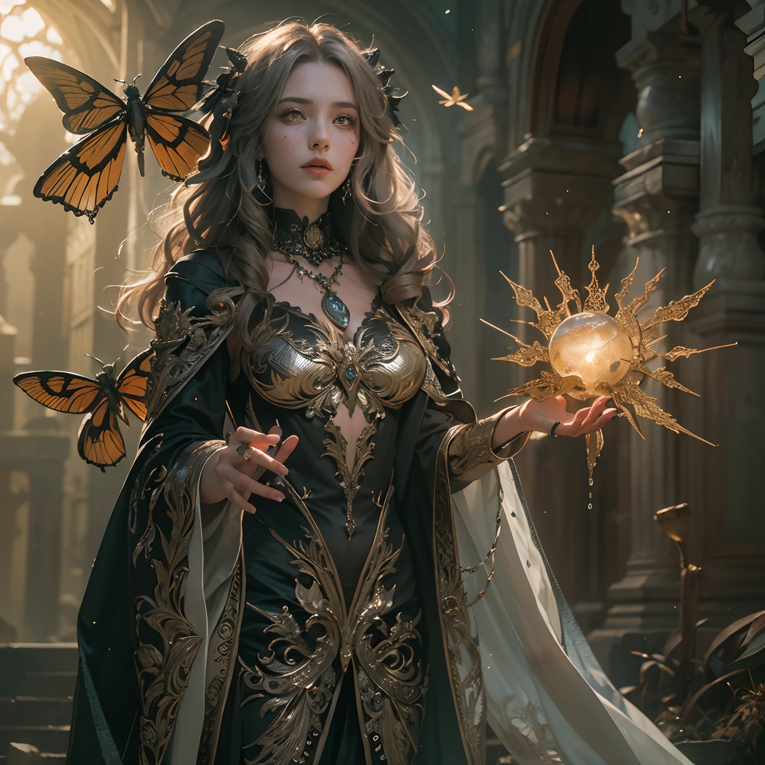 (Numerous award-winning masterpieces of, With incredible details, textures and maximum detail), (full-body standing image:1.8), (up of the upper body:0.3), (Ultra photo realsisim:1.4), (Realistic:1.3), (best quality real texture skin), (Beautiful fairy high wizard: 1.7), (Holding a long wizard's staff with elaborate decorations，Exudes a mysterious glow: 1.7), (Fine true circle Symmetrical eyes), (Beautifully drawn beautiful face), ((medieval world)), (Wearing a wizard's black hat: 1.6), (Pitch-black cloak with elaborate decorations: 1.6), (Cloak with elaborate decoration, Although it is damaged and faded: 1.5), (full-body standing image:1.8), (Beautiful clear eyes), (Slight smile), (Beautiful colored eyes full of joy), (A high-level fairy wizard who unleashes magic from your fingertips: 1.3), (Shining majestic cloud masses and sky:1.4), (A powerful glowing magic array: 1.3), Dramaticlight, A majestic sight, (There are 4 large transparent dragonfly wings behind the shoulders: 1.7), (((Folded wings))), Glass earrings on the ears, (((Dramatic photo))), (full-body standing image:1.8),  (Golden hair), (Silver hair), (maroon hair), short detailed hair, ((head looking up)), ((Looking down)), (Around her neck is a simple necklace of exquisite workmanship), Old ruins infested with plants, great temple, great cathedral, Temple ruins, detached temple, (Luminous magic circle), Ancient Castle Site, Deserted ruins, crumbling ruins, Ancient ruins with clear water, Highly detailed, Ultra-realistic, Intricate details, Painting (artwork of a), ((Masterpiece,Best quality)), ((Cinematic light)), Ultra photo realsisim, fearsome, Dark fantasy, holy rays, epic realistic, Faded, ((com cores neutras)), art, (hdr:1.5), (pastel colour:1.2), ultra - detailed, (Art Station:1.5), Cinematic, warm lights, Light effect, Dramaticlight, (Intricate details:1.1), the complex background, (greg rutkovsky:0.8), (Teal and orange:0.4),(RAW photo:1.2)，camel-toe，Hollow-out on，sweat leggs，White liquid， Smooth
