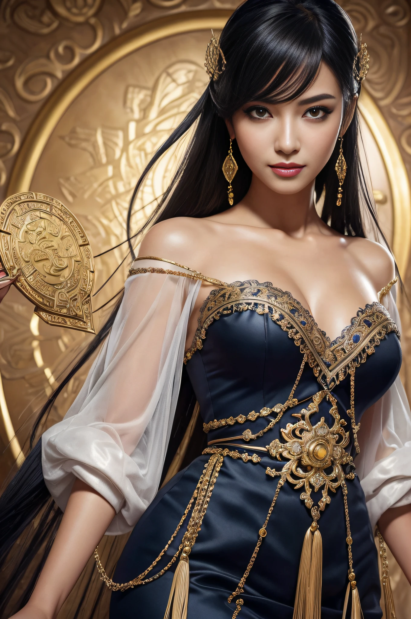 Adult woman, navy blue hair, The ends of gray hair, hairlong, beautiful hairstyle, hair ornament, white eyes, Chinese Clothing, Ornaments, Rings, Heels, Ancient Chinese themes, looking a viewer, Happy smile, overhead view, Lies on the money, gold coins, A mountain of money, Fantasy art, Beautiful painting of characters, Works of art in the style of Guvaika, epic exquisite character art, stunning character art, Beautiful rich Woman, perspective, really happy, closed eye, overhead view(reference sheet:1.5)anime, flat vector art, {stunning male Egyptian angel}, Luminous Studio graphics engine, goth Renaissance, long black hair with gold streaks, ethereal gold irises, tan skin, perfect and detailed angular sharp diamond shaped human face, Gold, Ray tracing, full lips, {defined eyebrows}, crystals, glitter, desert detailed background, white uniform, sharp focus, perfect anatomy, extremely detailed illustration, approaching perfection, dynamic, intricate details, ultra high definition, 8k resolution, glamour, glimmer, ethereal, {art by Ayami Kojima}, {art by Heise}, artstation, aesthetic, gothic, Lace, concept art, smooth, dreamy, backlit, fantastical, shadows, smooth, illustration, androgynous