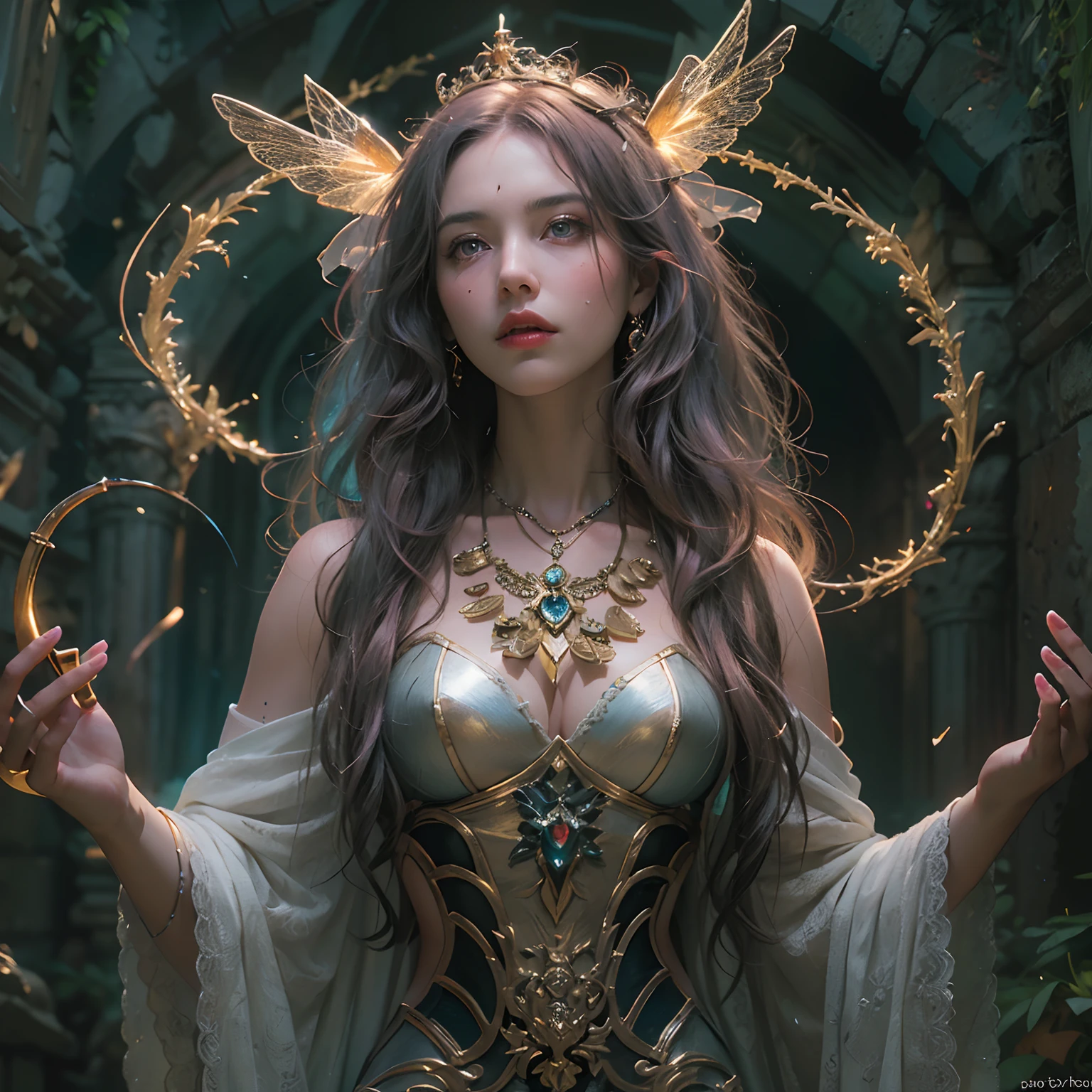 (Numerous award-winning masterpieces of, With incredible details, textures and maximum detail), (full-body standing image:1.8), (up of the upper body:0.3), (Ultra photo realsisim:1.4), (Realistic:1.3), (best quality real texture skin), (Beautiful fairy high wizard: 1.7), (Holding a long wizard's staff with elaborate decorations,Exudes a mysterious glow: 1.7), (Fine true circle Symmetrical eyes), (Beautifully drawn beautiful face), ((medieval world)), (Wearing a wizard's black hat: 1.6), (Pitch-black cloak with elaborate decorations: 1.6), (Cloak with elaborate decoration, Although it is damaged and faded: 1.5), (full-body standing image:1.8), (Beautiful clear eyes), (Slight smile), (Beautiful colored eyes full of joy), (A high-level fairy wizard who unleashes magic from your fingertips: 1.3), (Shining majestic cloud masses and sky:1.4), (A powerful glowing magic array: 1.3), Dramaticlight, A majestic sight, (There are 4 large transparent dragonfly wings behind the shoulders: 1.7), (((Folded wings))), Glass earrings on the ears, (((Dramatic photo))), (full-body standing image:1.8), (Golden hair), (Silver hair), (maroon hair), short detailed hair, ((head looking up)), ((Looking down)), (Around her neck is a simple necklace of exquisite workmanship), Old ruins infested with plants, great temple, great cathedral, Temple ruins, detached temple, (Luminous magic circle), Ancient Castle Site, Deserted ruins, crumbling ruins, Ancient ruins with clear water, Highly detailed, Ultra-realistic, Intricate details, Painting (artwork of a), ((Masterpiece,Best quality)), ((Cinematic light)), Ultra photo realsisim, fearsome, Dark fantasy, holy rays, epic realistic, Faded, ((com cores neutras)), art, (hdr:1.5), (pastel colour:1.2), ultra - detailed, (Art Station:1.5), Cinematic, warm lights, Light effect, Dramaticlight, (Intricate details:1.1), the complex background, (greg rutkovsky:0.8), (Teal and orange:0.4),(RAW photo:1.2),camel-toe,Hollow-out on,sweat leggs,White liquid, Smooth