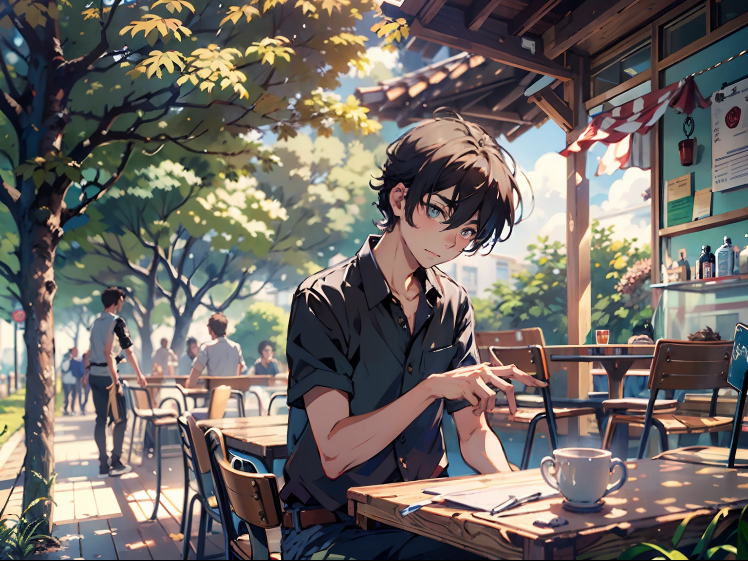 a cute little boy spy, sipping coffee, while sitting in chair, Good morning, coffee, sunrise, warm climate, morning brezze, little birds on the tree, awesome lake view from the window. Ultra realistic, high quality, anime style, (chibbi style), (cute)