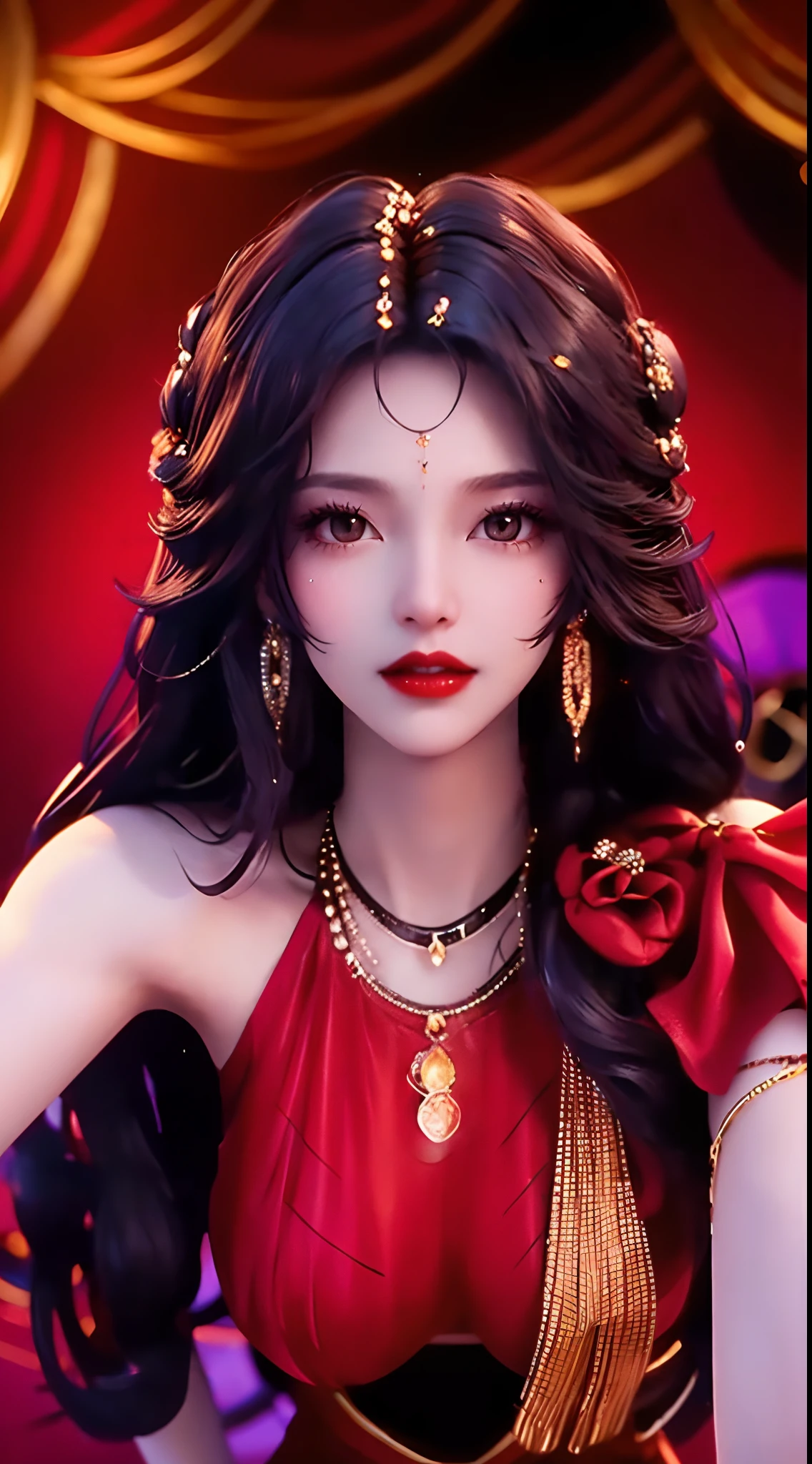 1 beautiful and sexy 20 year old girl, ((wearing a super thin red dress:1.6)), dress with diamonds, ((long purple-black hair:1.6)), bangs, elaborate jewelry made from stones noble and beautiful hair, ((wearing a black lace necklace:1.4))), noble, noble style of an extremely beautiful girl, super cute little face, very pretty face, fur thin eyebrows, flawless beautiful face, ((black eye pupils: 0.8)), very beautiful eyes, ((black eyes: 1.6)), beautiful makeup and detailed hairdo, eyelashes, eye makeup wet, high nose, earrings, red lips, ((closed mouth: 1;5 )) beautiful lips, slim hands, ((arms spread out to the sides: 1.5)), rosy face, clean face, flawless beautiful face, smooth white skin, (big breasts: 1.5)), ((high breasts: 1.6)), firm breasts, nice cleavage, (((big and super round breasts: 1.8))) , ((super firm breasts: 1.7)) , beautiful breasts, perfect body, (((sitting position, leaning back and hands behind: 1.5))), ((chest puffed out: 1.5)) , don't be shy, 8k photos, super high quality, super realistic, super 10x pixels, optical, bright studio, bright edges, two-tone lighting, (high detail skin:1.2), super 8k, soft lighting , high quality, volumetric light, optical, optical high resolution, light, best photo, 4k, 8k quality, blur effect, smooth sharpness, 10 x pixels, ((flower red background:1.5)), aurora, lightning, super realistic graphics, most realistic graphics, alone, solo, Extremely sharp, surreal images, (((frontal portrait: 1.4)))."