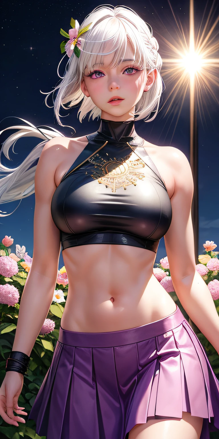 realistic, 1girl, white hair, purple eyes, glowing eyes, crop top, skirt, parted lips, blush, night, flowers, sun, sunlight,