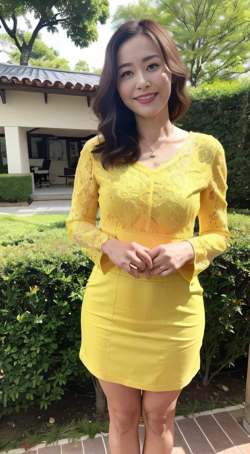 ((中景 the scene is、A half body)),((top-quality、8K、tmasterpiece:1.3))、foco nítido, high-level image quality, A high resolution, Portrait, Solo, Middle-aged woman, Beautuful Women, 45 yers old, plump,Wavy hairstyles, Flowering garden background, Wrinkles at the corners of the eyes, mesmerizing looks, ssmile:1.2,nedium breasts:1.2、Colossal tits、nipple piercing、a necklace、Visible nipple、Yellow crewneck lace top,Both hands are lowered,standing on your feet:1.2,orthofacial,Complete fingers,perfect bodies,((Place your hands next to your legs))