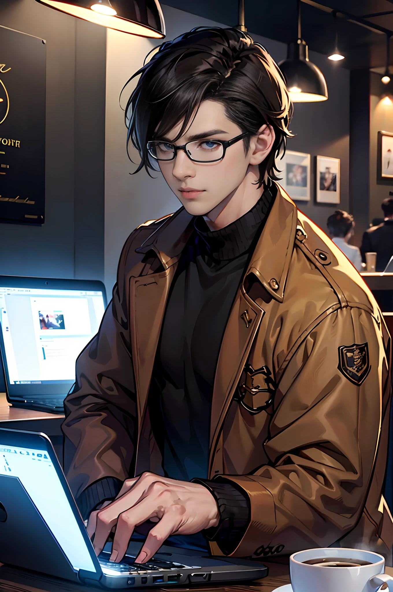 (tmasterpiece, high resolution, ultra - detailed:1.0), (1 boy, Young male), Eyes looking at the camera, Perfect male body, Extremely detailed CG, 8K wallpaper, Complicated details, solo person, Detailed face,(Black hair, Brown coat,brown sweater, White shirt, Glasses, Sit in front of your laptop, Cafe background.), color difference, Depth of field, dramatic shadow, Ray tracing, Best quality, Cinematic lighting, offcial art