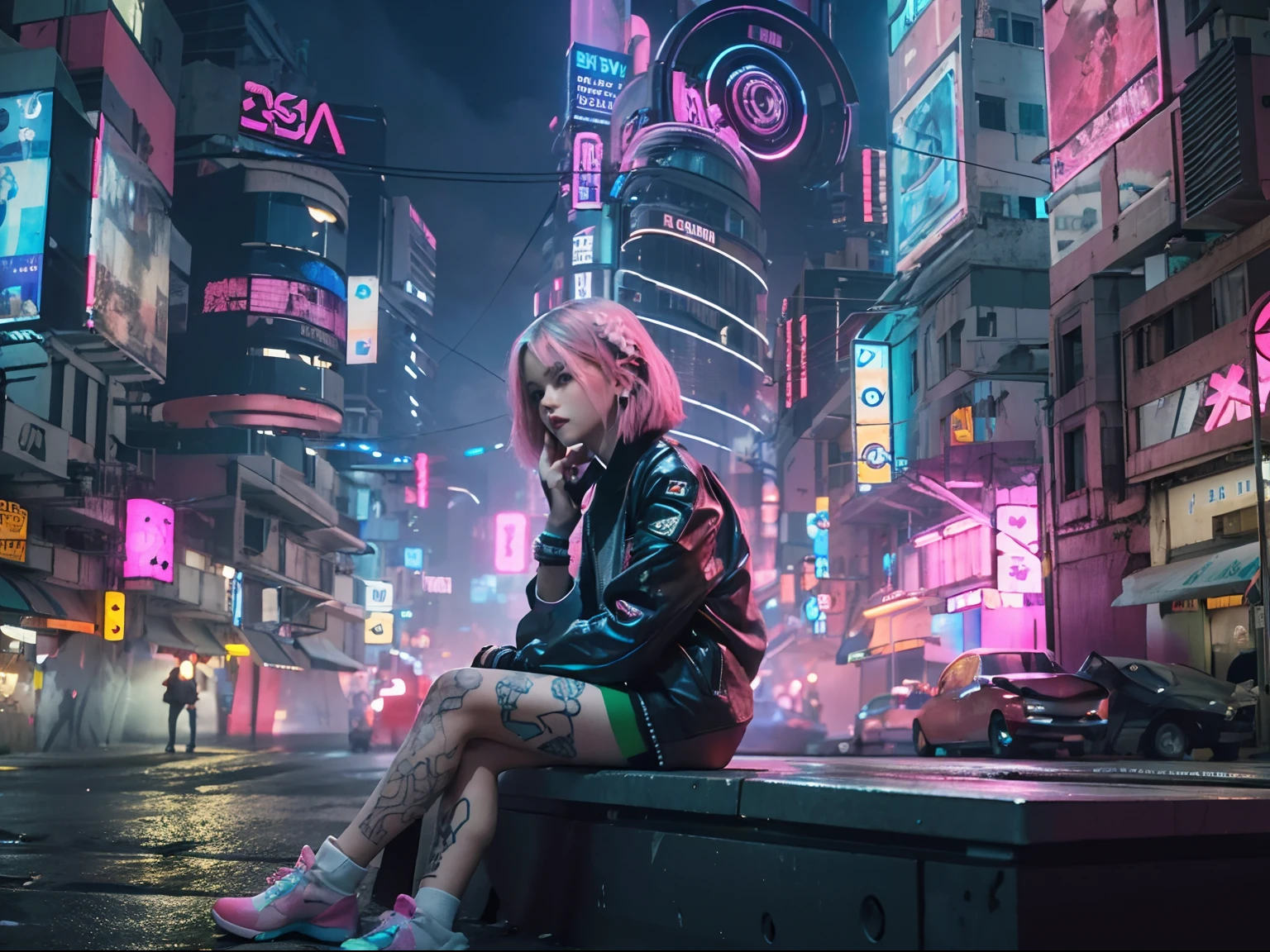 girl, pink long hair, cool black open short jacket, tatoos, messy fade cut hair, crazy, sit pose, on futuristic neon night street background,poser
garota adolescente linda ultra detalhada de cabelo curto loiro com mechas rosas, crouched on the ground, saia curta e top branco,, imagem de corpo inteiro, cidade cyberpunk ultra realista with high-tech holographic projections and elegant architecture, foto realista altamente detalhada